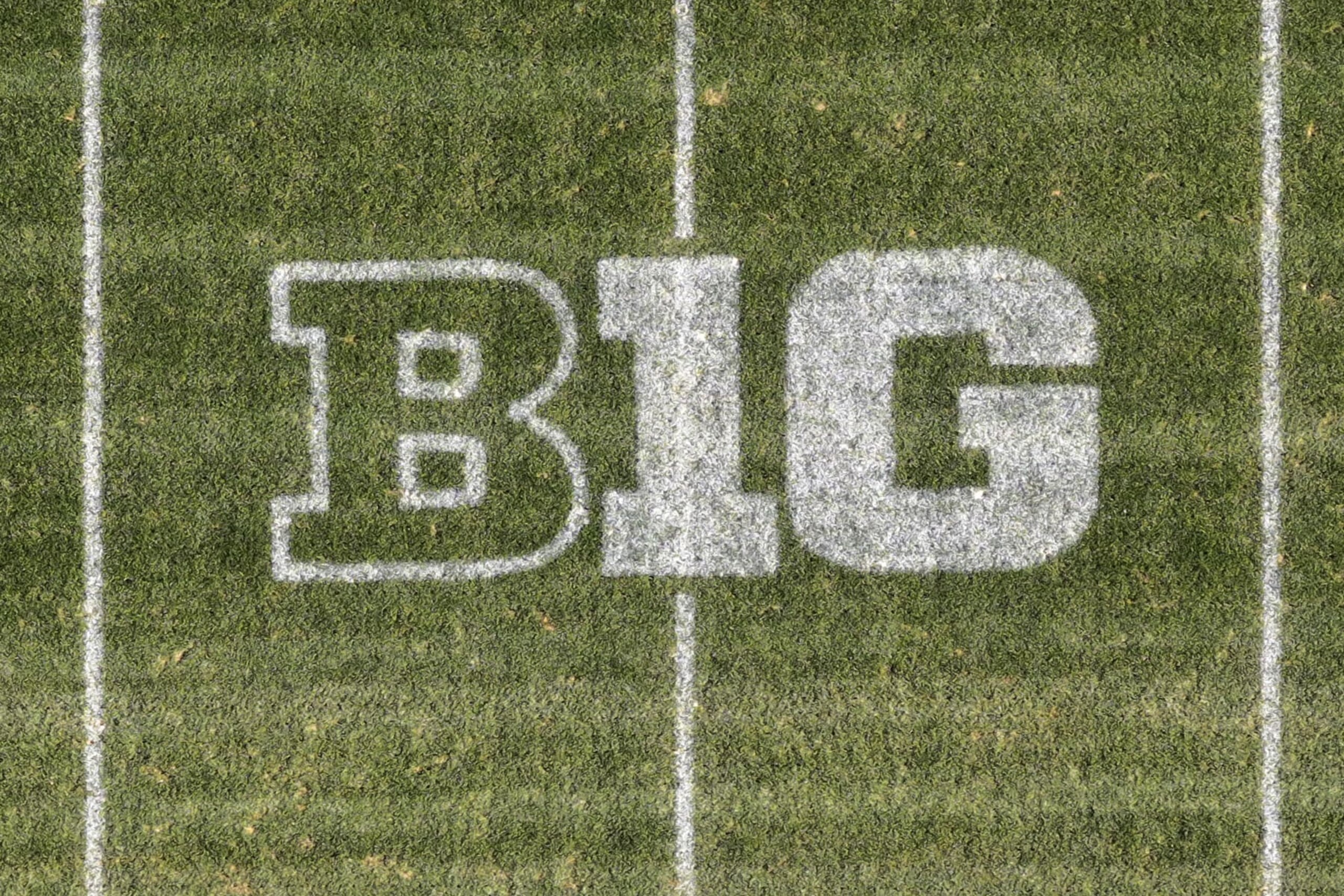 EAST LANSING, MICHIGAN - DECEMBER 07, 2023: The Big 10 Conference logo on the Spartan Stadium football field on the campus of Michigan State UniversityDecember 07, 2023 in East Lansing, Michigan. (Photo by Kirby Lee/Getty Images)