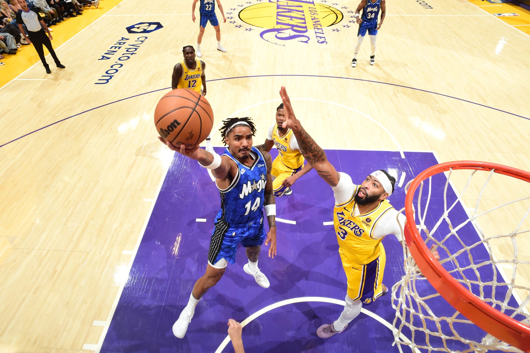 LOS ANGELES, CA - OCTOBER 30: Gary Harris #14 of the Orlando Magic drives to the basket during the game against the Los Angeles Lakers on October 30, 2023 at Crypto.Com Arena in Los Angeles, California. NOTE TO USER: User expressly acknowledges and agrees that, by downloading and/or using this Photograph, user is consenting to the terms and conditions of the Getty Images License Agreement. Mandatory Copyright Notice: Copyright 2023 NBAE (Photo by Adam Pantozzi/NBAE via Getty Images)