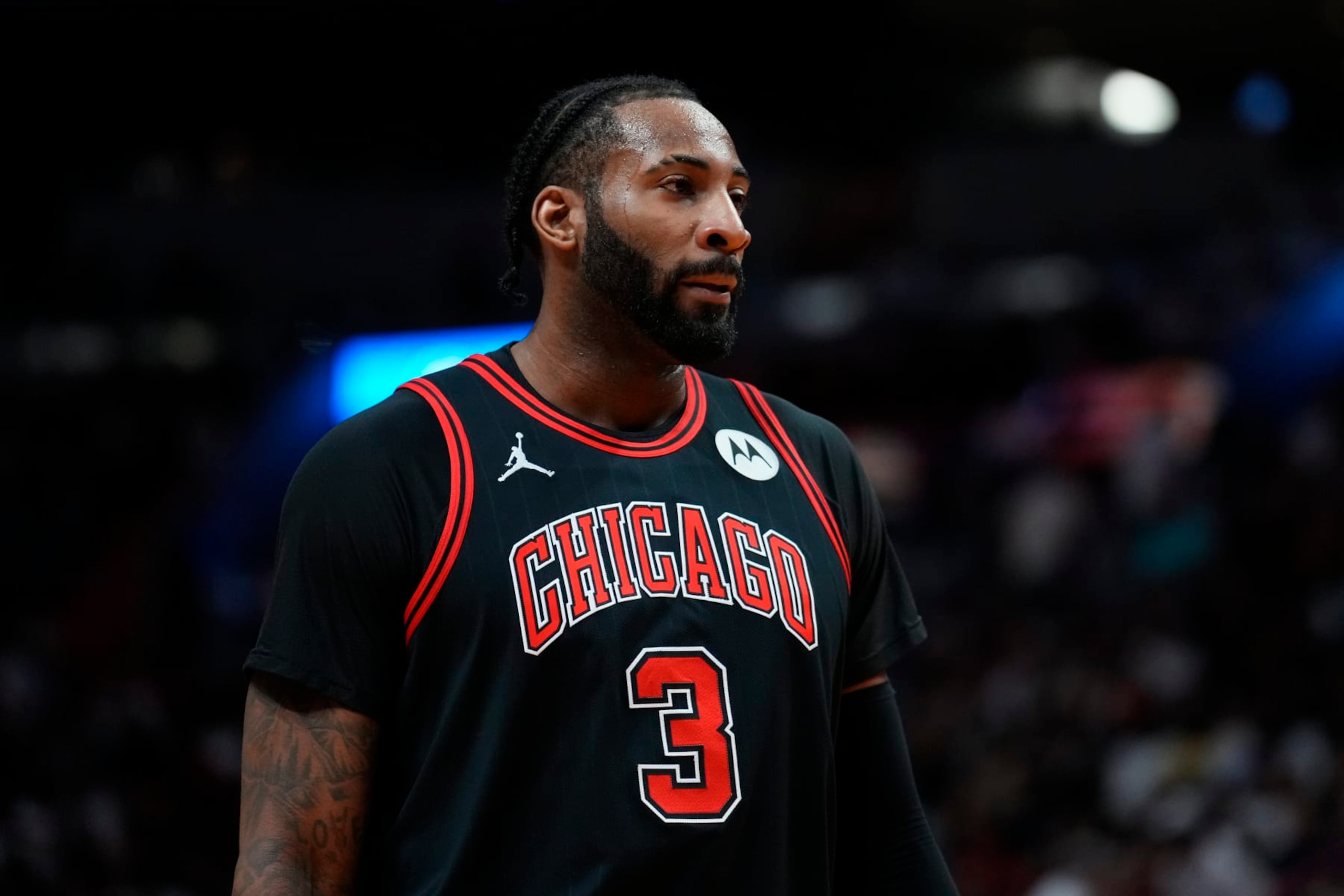 MIAMI, FLORIDA - APRIL 19: Andre Drummond #3 of the Chicago Bulls looks on against the Miami Heat in the third quarter during the Play-In Tournament at Kaseya Center on April 19, 2024 in Miami, Florida. NOTE TO USER: User expressly acknowledges and agrees that, by downloading and or using this photograph, User is consenting to the terms and conditions of the Getty Images License Agreement. (Photo by Rich Storry/Getty Images) MIAMI, FLORIDA - APRIL 19: Andre Drummond #3 of the Chicago Bulls looks on against the Miami Heat in the third quarter during the Play-In Tournament at Kaseya Center on April 19, 2024 in Miami, Florida. NOTE TO USER: User expressly acknowledges and agrees that, by downloading and or using this photograph, User is consenting to the terms and conditions of the Getty Images License Agreement. (Photo by Rich Storry/Getty Images)
