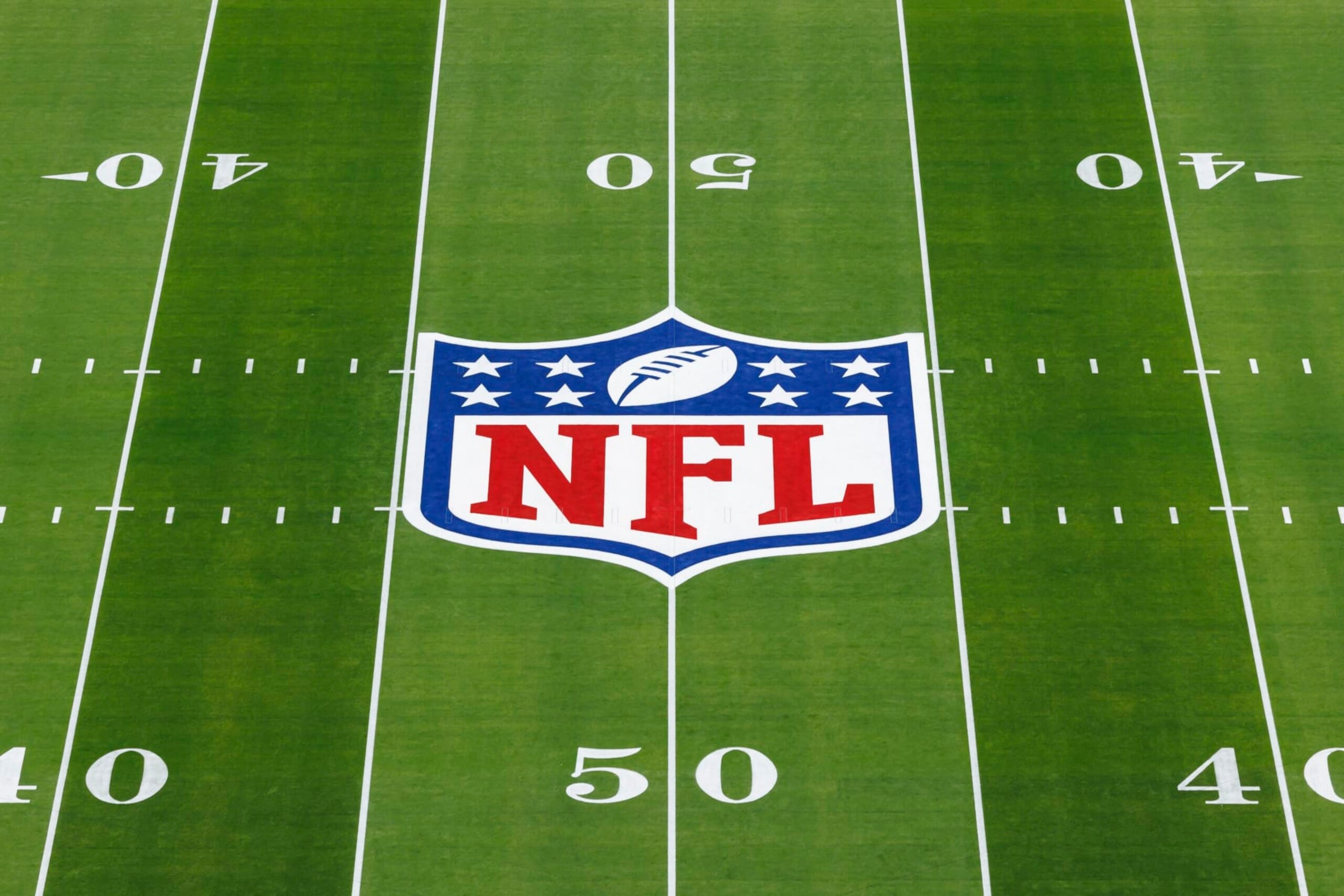 LAS VEGAS, NEVADA - FEBRUARY 11: A detail view of the NFL shield logo painted on the field before Super Bowl LVIII between the Kansas City Chiefs and San Francisco 49ers at Allegiant Stadium on February 11, 2024 in Las Vegas, Nevada. (Photo by Ryan Kang/Getty Images)