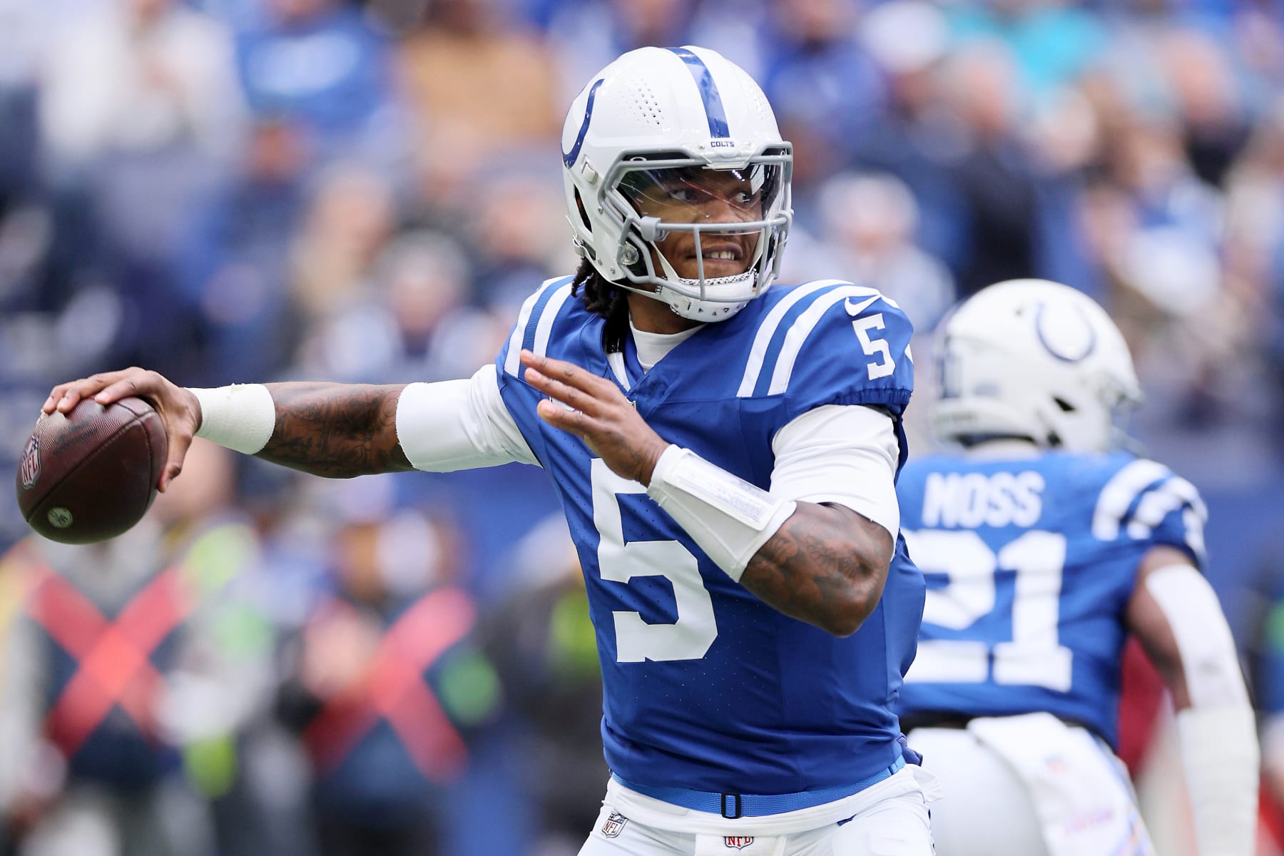 INDIANAPOLIS, INDIANA - OCTOBER 08: Anthony Richardson #5 of the Indianapolis Colts throws a pass against the Tennessee Titans during the first quarter at Lucas Oil Stadium on October 08, 2023 in Indianapolis, Indiana. (Photo by Andy Lyons/Getty Images)
