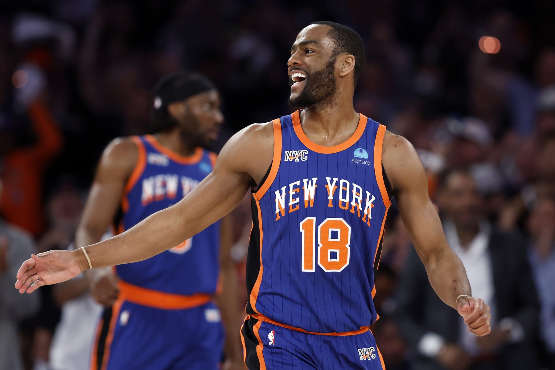 NEW YORK, NEW YORK - MAY 14: Alec Burks #18 of the New York Knicks reacts during Game Five of the Eastern Conference Second Round Playoffs against the Indiana Pacers at Madison Square Garden on May 14, 2024 in New York City. The Knicks won 121-91. NOTE TO USER: User expressly acknowledges and agrees that, by downloading and or using this photograph, User is consenting to the terms and conditions of the Getty Images License Agreement. (Photo by Sarah Stier/Getty Images) NEW YORK, NEW YORK - MAY 14: Alec Burks #18 of the New York Knicks reacts during Game Five of the Eastern Conference Second Round Playoffs against the Indiana Pacers at Madison Square Garden on May 14, 2024 in New York City. The Knicks won 121-91. NOTE TO USER: User expressly acknowledges and agrees that, by downloading and or using this photograph, User is consenting to the terms and conditions of the Getty Images License Agreement. (Photo by Sarah Stier/Getty Images)