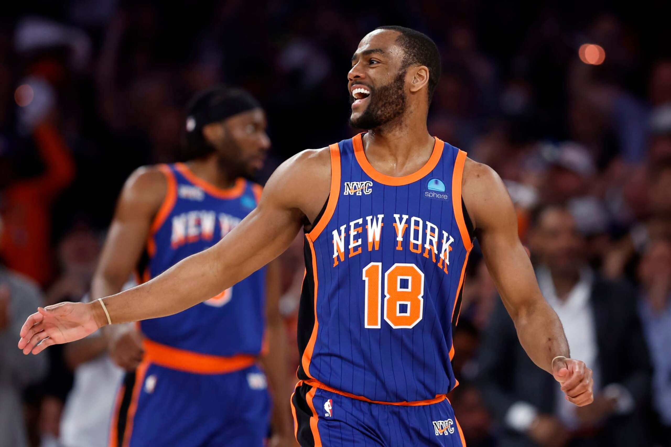 NEW YORK, NEW YORK - MAY 14: Alec Burks #18 of the New York Knicks reacts during Game Five of the Eastern Conference Second Round Playoffs against the Indiana Pacers at Madison Square Garden on May 14, 2024 in New York City. The Knicks won 121-91. NOTE TO USER: User expressly acknowledges and agrees that, by downloading and or using this photograph, User is consenting to the terms and conditions of the Getty Images License Agreement. (Photo by Sarah Stier/Getty Images)