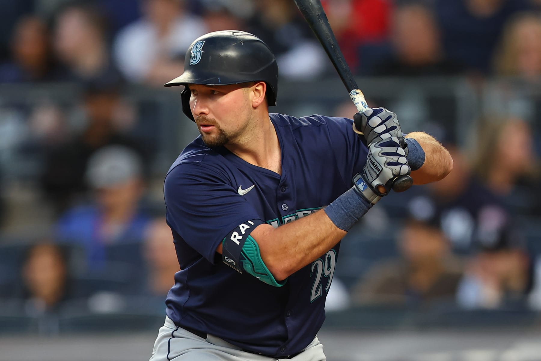 BRONX, NY - MAY 20:  Cal Raleigh #29 of the Seattle Mariners at bat during the game against the New York Yankees on May 20, 2024 at Yankee Stadium in the Bronx, New York.  (Photo by Rich Graessle/Icon Sportswire via Getty Images)