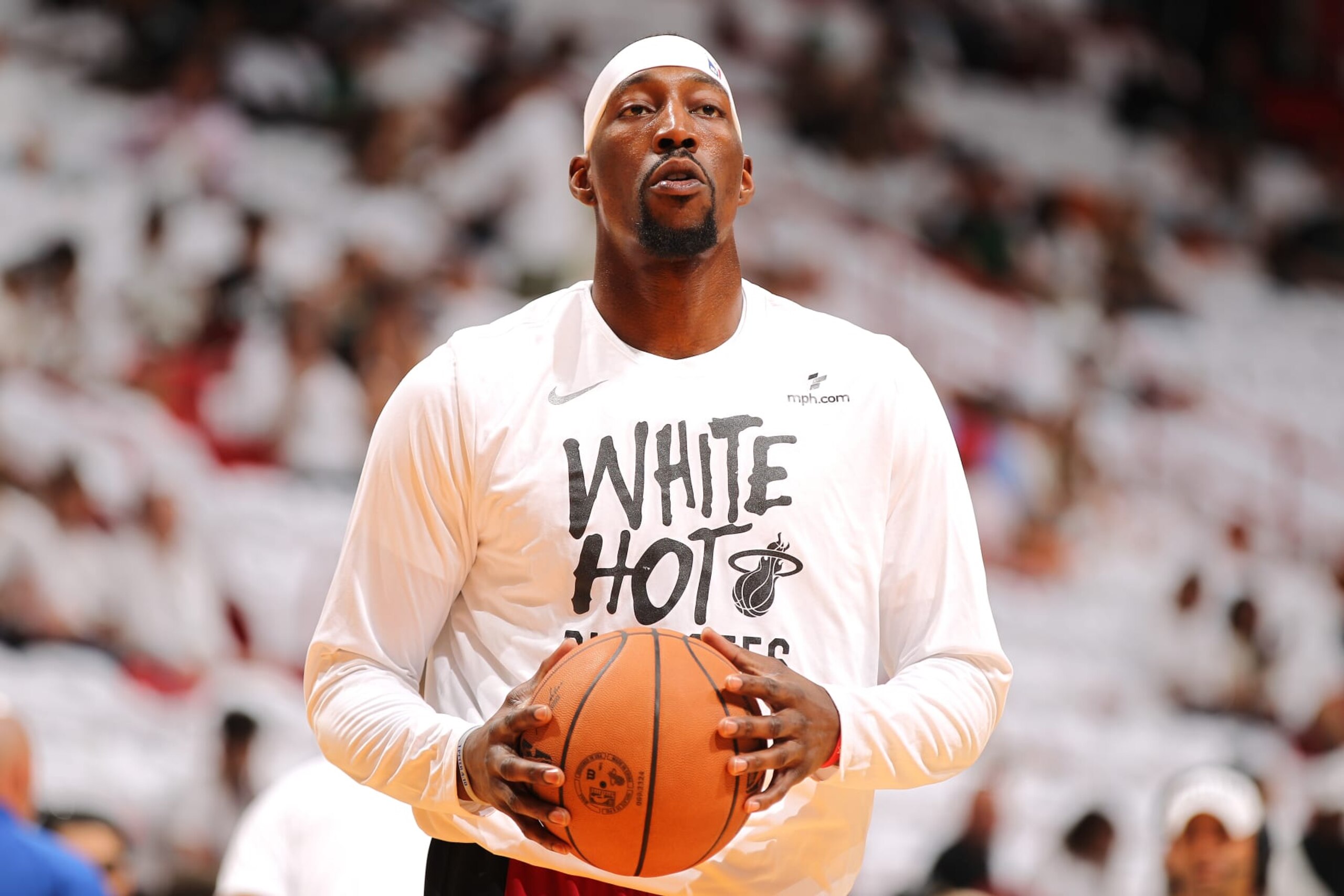 MIAMI, FL - APRIL 27: Bam Adebayo #13 of the Miami Heat warms up before the game against the Boston Celtics during Round 1 Game 3 of the 2024 NBA Playoffs on April 27, 2024 at Kaseya Center in Miami, Florida. NOTE TO USER: User expressly acknowledges and agrees that, by downloading and or using this Photograph, user is consenting to the terms and conditions of the Getty Images License Agreement. Mandatory Copyright Notice: Copyright 2024 NBAE (Photo by Issac Baldizon/NBAE via Getty Images) MIAMI, FL - APRIL 27: Bam Adebayo #13 of the Miami Heat warms up before the game against the Boston Celtics during Round 1 Game 3 of the 2024 NBA Playoffs on April 27, 2024 at Kaseya Center in Miami, Florida. NOTE TO USER: User expressly acknowledges and agrees that, by downloading and or using this Photograph, user is consenting to the terms and conditions of the Getty Images License Agreement. Mandatory Copyright Notice: Copyright 2024 NBAE (Photo by Issac Baldizon/NBAE via Getty Images)
