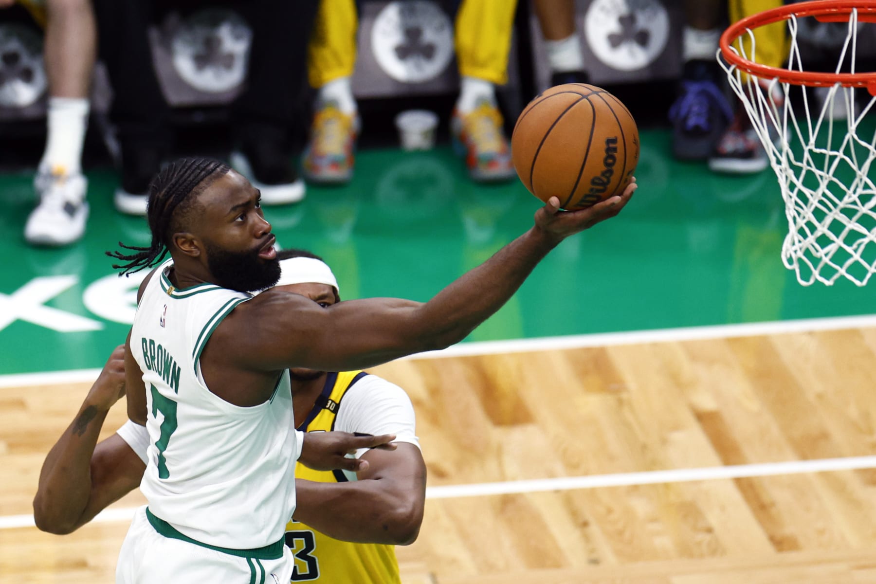 Boston, MA - May 21: Boston Celtics guard Jaylen Brown scores in the third quarter of Game 1 of the 2024 Eastern Conference Finals. (Photo by Danielle Parhizkaran/The Boston Globe via Getty Images)