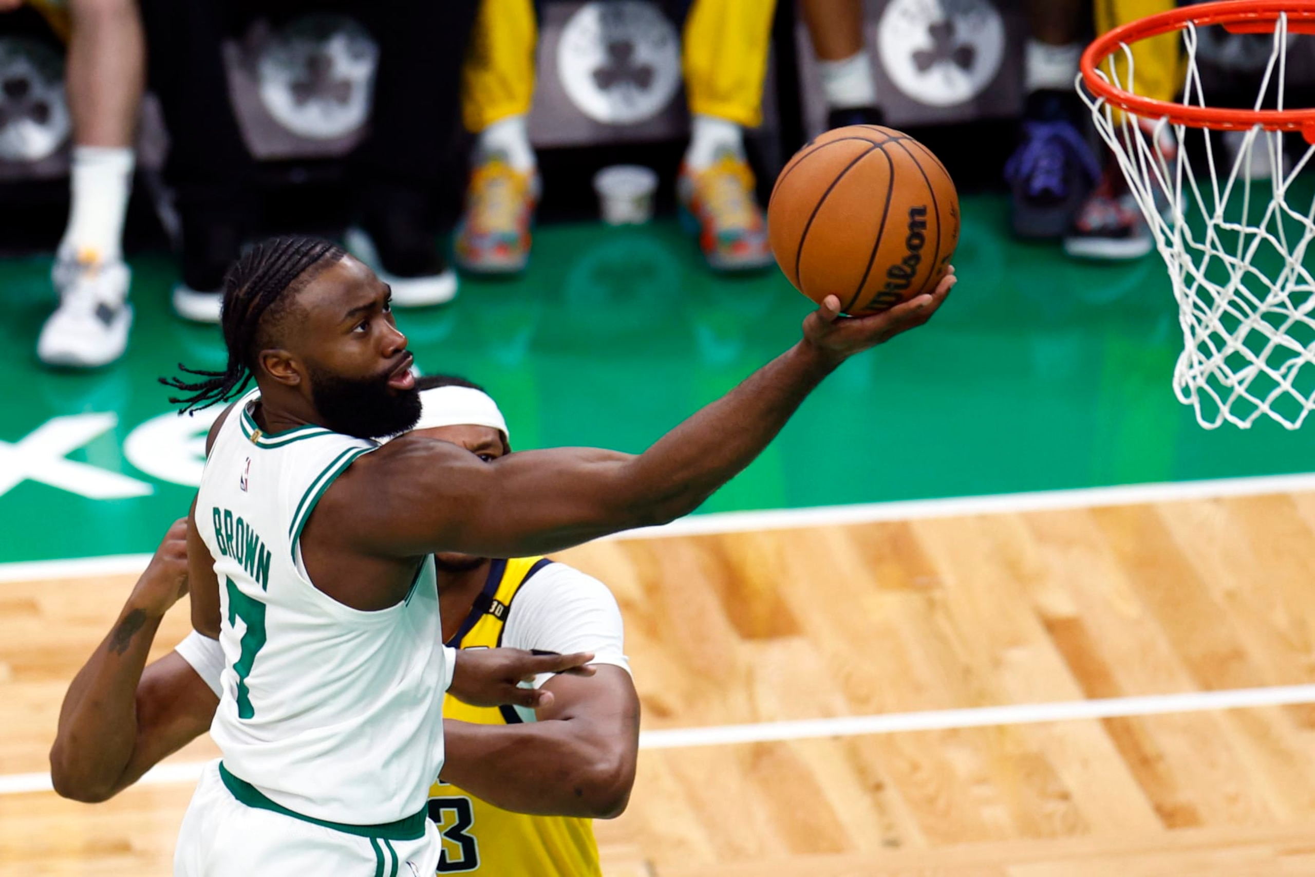 Boston, MA - May 21: Boston Celtics guard Jaylen Brown scores in the third quarter of Game 1 of the 2024 Eastern Conference Finals. (Photo by Danielle Parhizkaran/The Boston Globe via Getty Images) Boston, MA - May 21: Boston Celtics guard Jaylen Brown scores in the third quarter of Game 1 of the 2024 Eastern Conference Finals. (Photo by Danielle Parhizkaran/The Boston Globe via Getty Images)