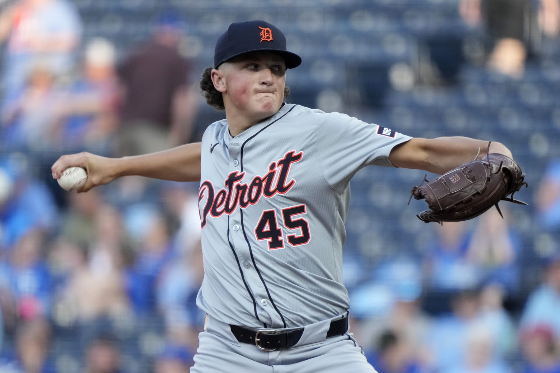 KANSAS CITY, MISSOURI - MAY 20:  Reese Olson #45 of the Detroit Tigers throws a pitch in the first inning against the Kansas City Royals at Kauffman Stadium on May 20, 2024 in Kansas City, Missouri. (Photo by Ed Zurga/Getty Images)