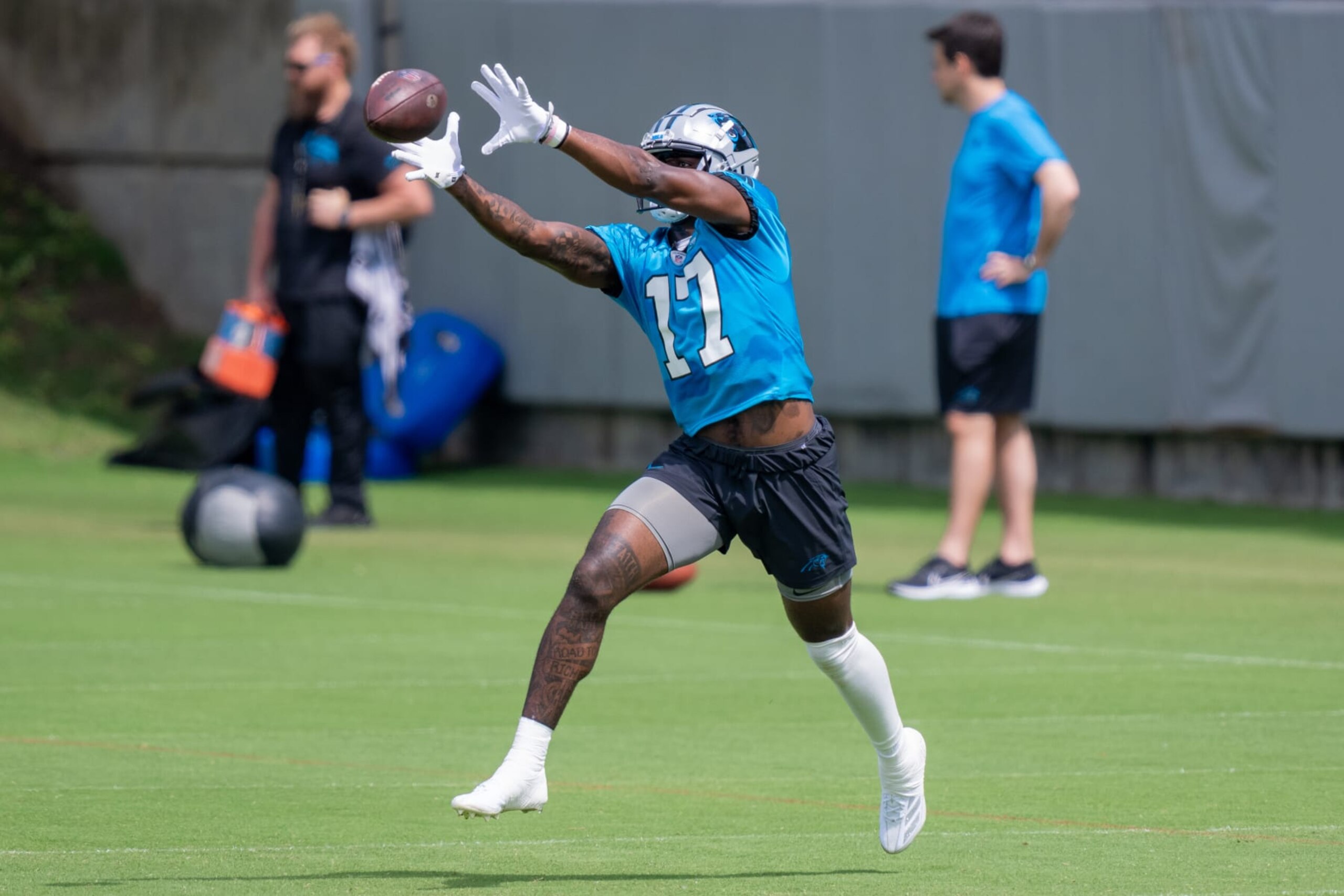 CHARLOTTE, NORTH CAROLINA - MAY 10: Xavier Legette #17 of the Carolina Panthers practices drills during rookie minicamp on May 10, 2024 in Charlotte, North Carolina. (Photo by Jacob Kupferman/Getty Images)