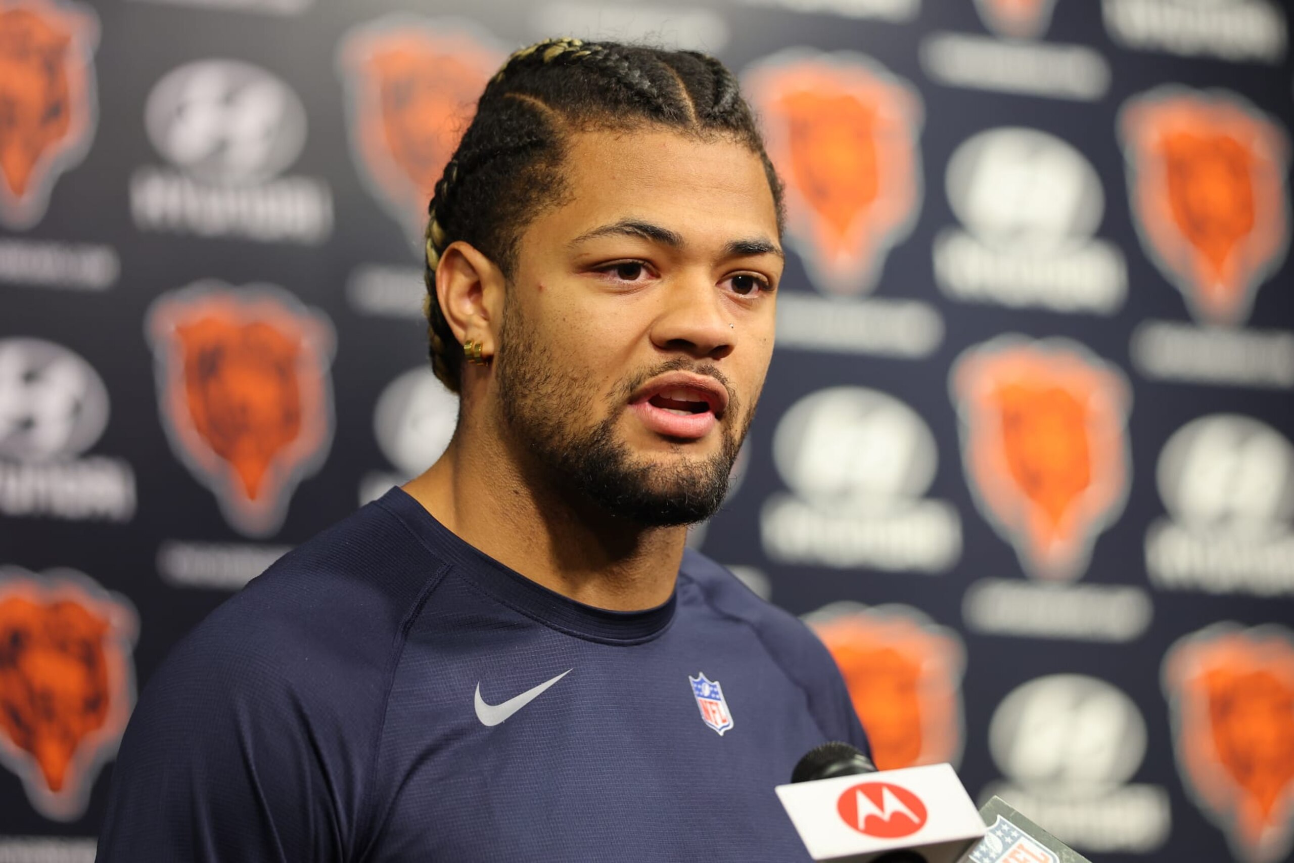 LAKE FOREST, ILLINOIS - MAY 10: Rome Odunze #15 of the Chicago Bears speaks with the media prior to Chicago Bears Rookie Minicamp at Halas Hall on May 10, 2024 in Lake Forest, Illinois. (Photo by Michael Reaves/Getty Images)