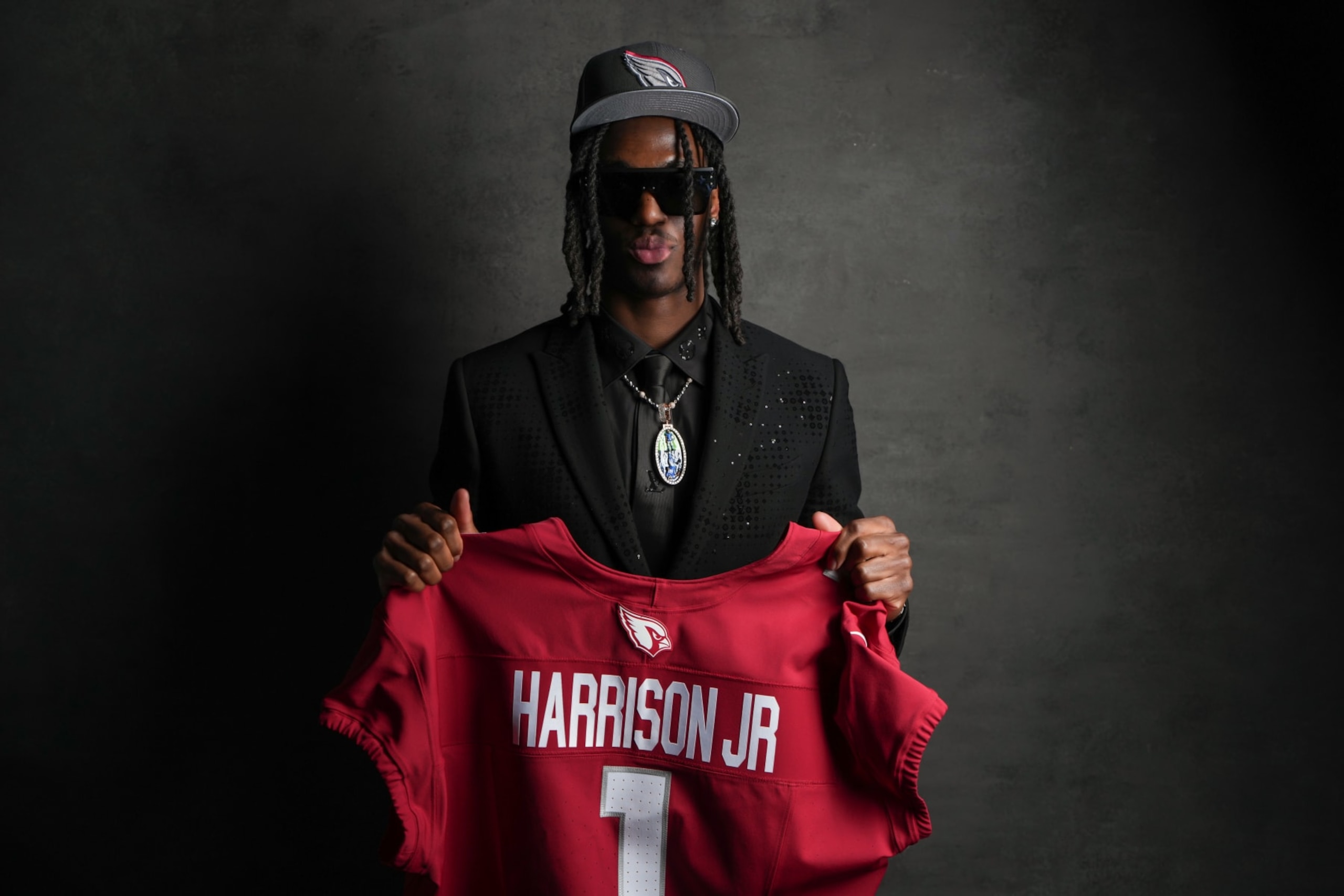 DETROIT, MI - APRIL 25:  Wide receiver Marvin Harrison Jr. poses for portraits after being selected fourth overall in the first round by the Arizona Cardinals during the 2024 NFL draft on April 25, 2024 in Detroit, Michigan. (Photo by Todd Rosenberg/Getty Images)