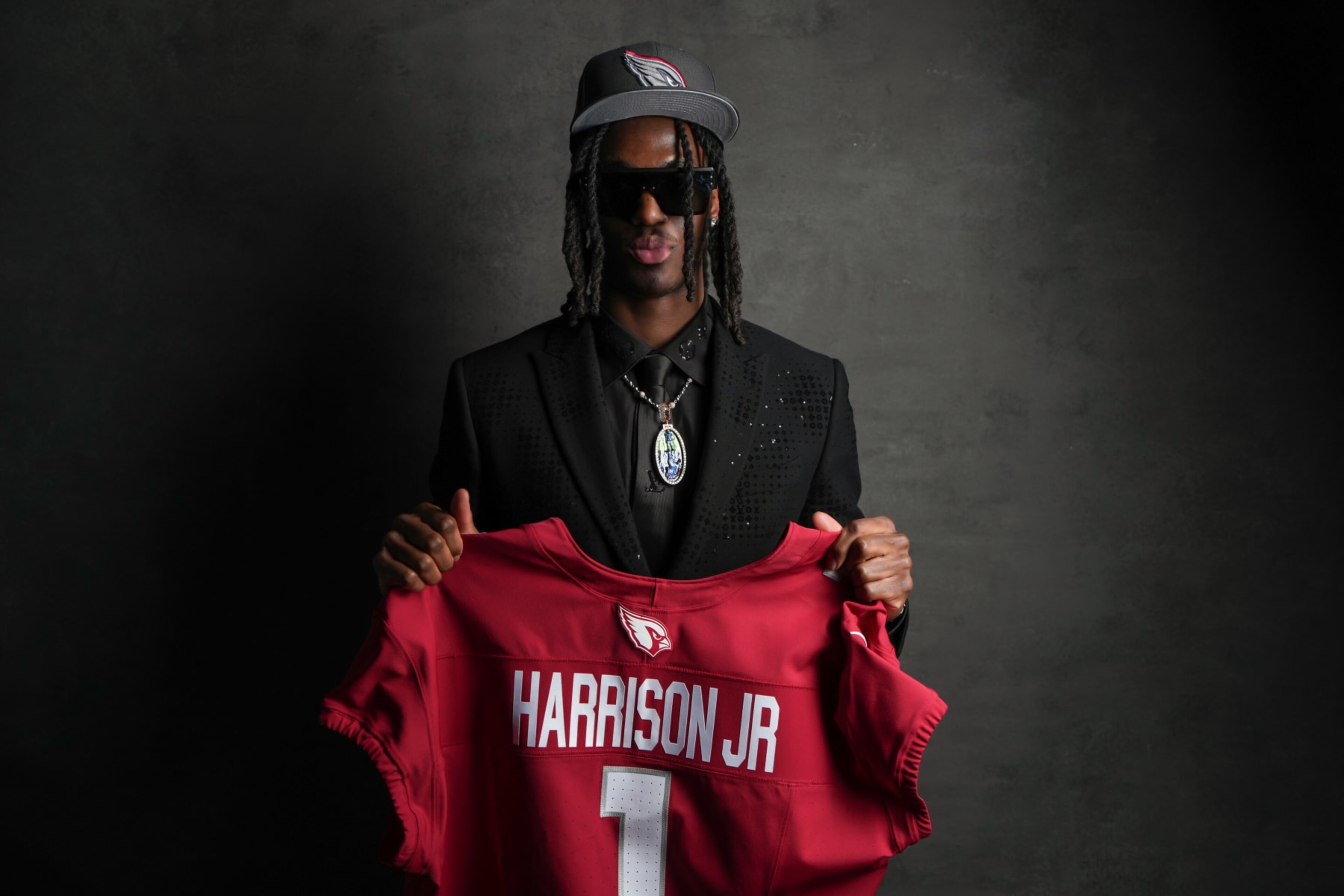 DETROIT, MI - APRIL 25:  Wide receiver Marvin Harrison Jr. poses for portraits after being selected fourth overall in the first round by the Arizona Cardinals during the 2024 NFL draft on April 25, 2024 in Detroit, Michigan. (Photo by Todd Rosenberg/Getty Images)