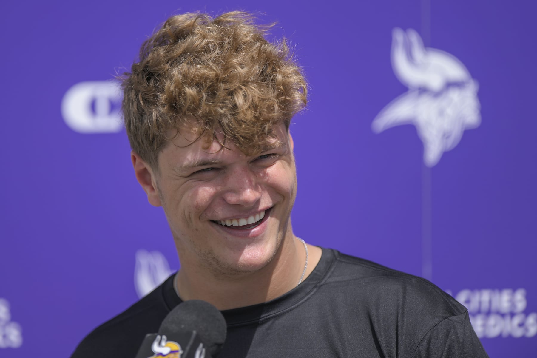 EAGAN, MN - MAY 10: Minnesota Vikings quarterback J.J. McCarthy (9) addresses the media during Minnesota Vikings Rookie Camp on May 10, 2024, at TCO Performance Center in Eagan, MN.(Photo by Nick Wosika/Icon Sportswire via Getty Images)
