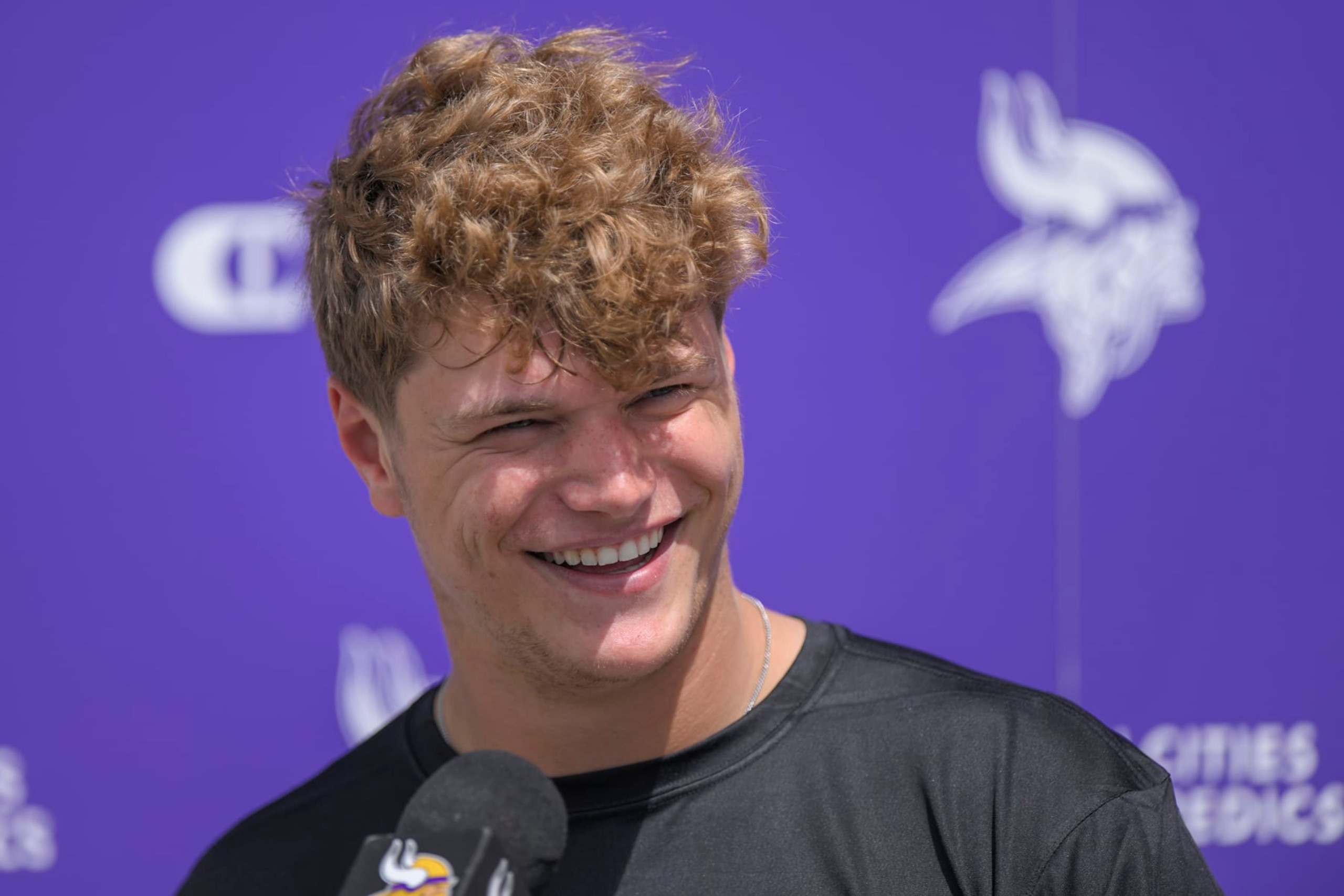 EAGAN, MN - MAY 10: Minnesota Vikings quarterback J.J. McCarthy (9) addresses the media during Minnesota Vikings Rookie Camp on May 10, 2024, at TCO Performance Center in Eagan, MN.(Photo by Nick Wosika/Icon Sportswire via Getty Images)