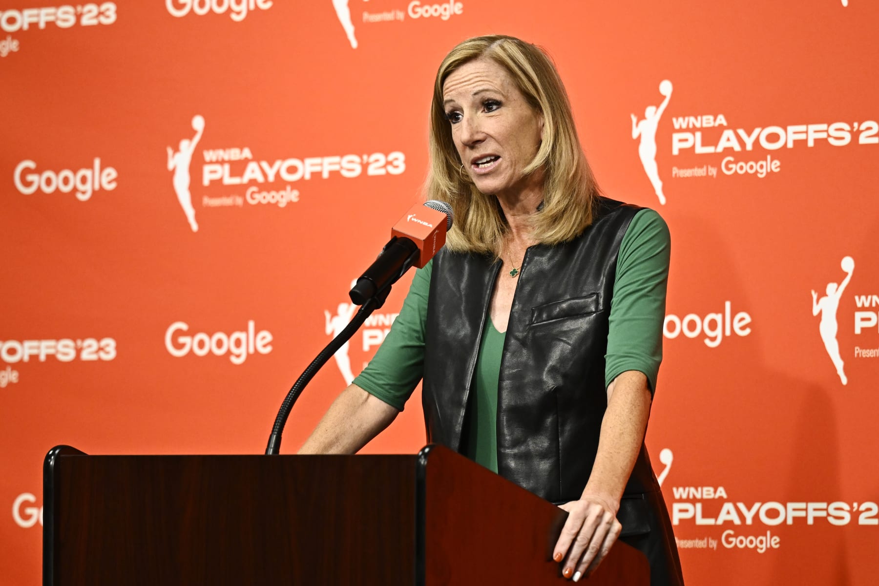 BROOKLYN, NY - SEPTEMBER 26: WNBA Commissioner Cathy Engelbert speaks to the media to award Breanna Stewart #30 of the New York Liberty with the 2023 Kia WNBA Most Valuable Player Award before the game against the Connecticut Sun during round two game two of the 2023 WNBA playoffs on September 26, 2023 in Brooklyn, New York. NOTE TO USER: User expressly acknowledges and agrees that, by downloading and or using this photograph, user is consenting to the terms and conditions of the Getty Images License Agreement. Mandatory Copyright Notice: Copyright 2023 NBAE (Photo by David Dow/NBAE via Getty Images)