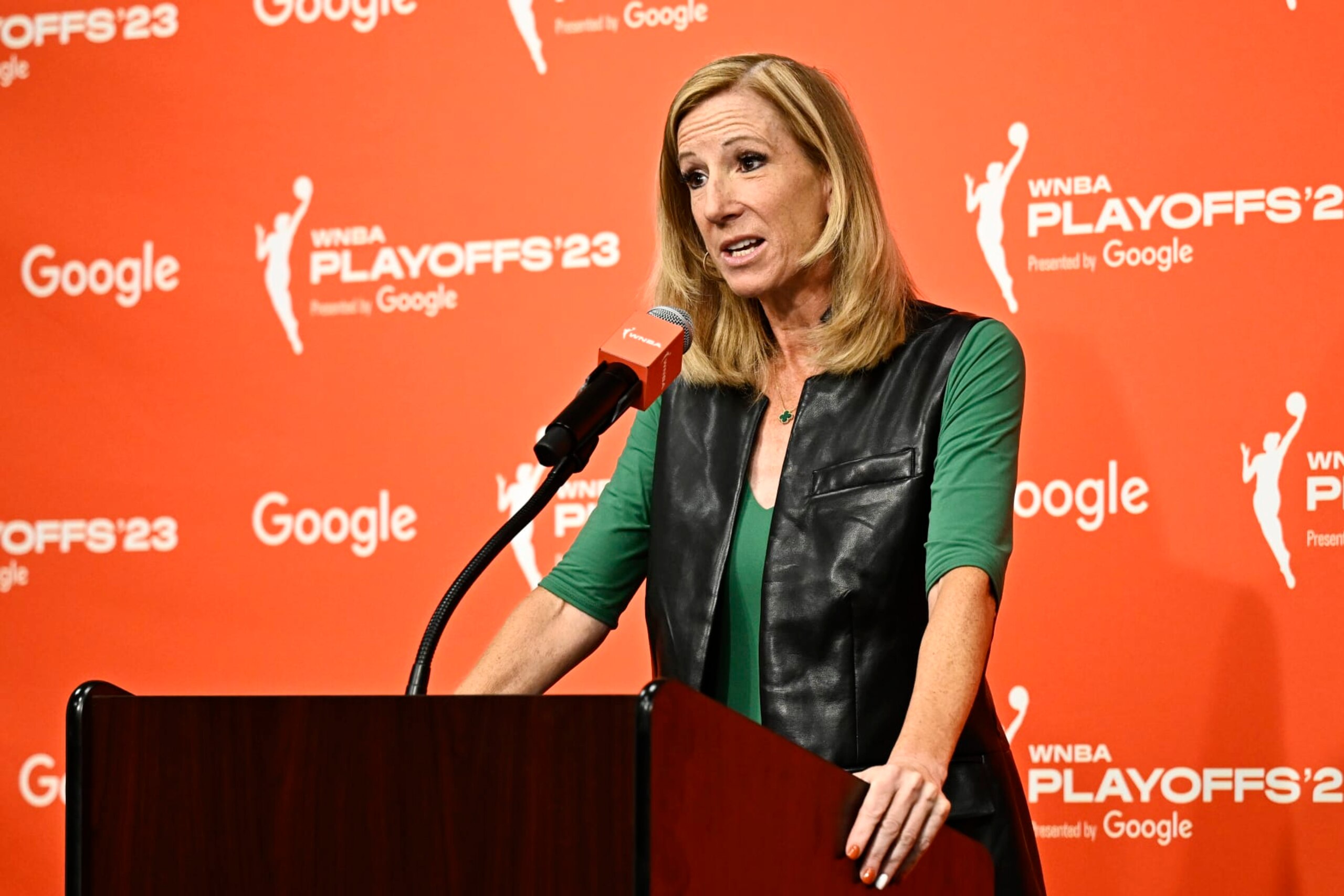 BROOKLYN, NY - SEPTEMBER 26: WNBA Commissioner Cathy Engelbert speaks to the media to award Breanna Stewart #30 of the New York Liberty with the 2023 Kia WNBA Most Valuable Player Award before the game against the Connecticut Sun during round two game two of the 2023 WNBA playoffs on September 26, 2023 in Brooklyn, New York. NOTE TO USER: User expressly acknowledges and agrees that, by downloading and or using this photograph, user is consenting to the terms and conditions of the Getty Images License Agreement. Mandatory Copyright Notice: Copyright 2023 NBAE (Photo by David Dow/NBAE via Getty Images)