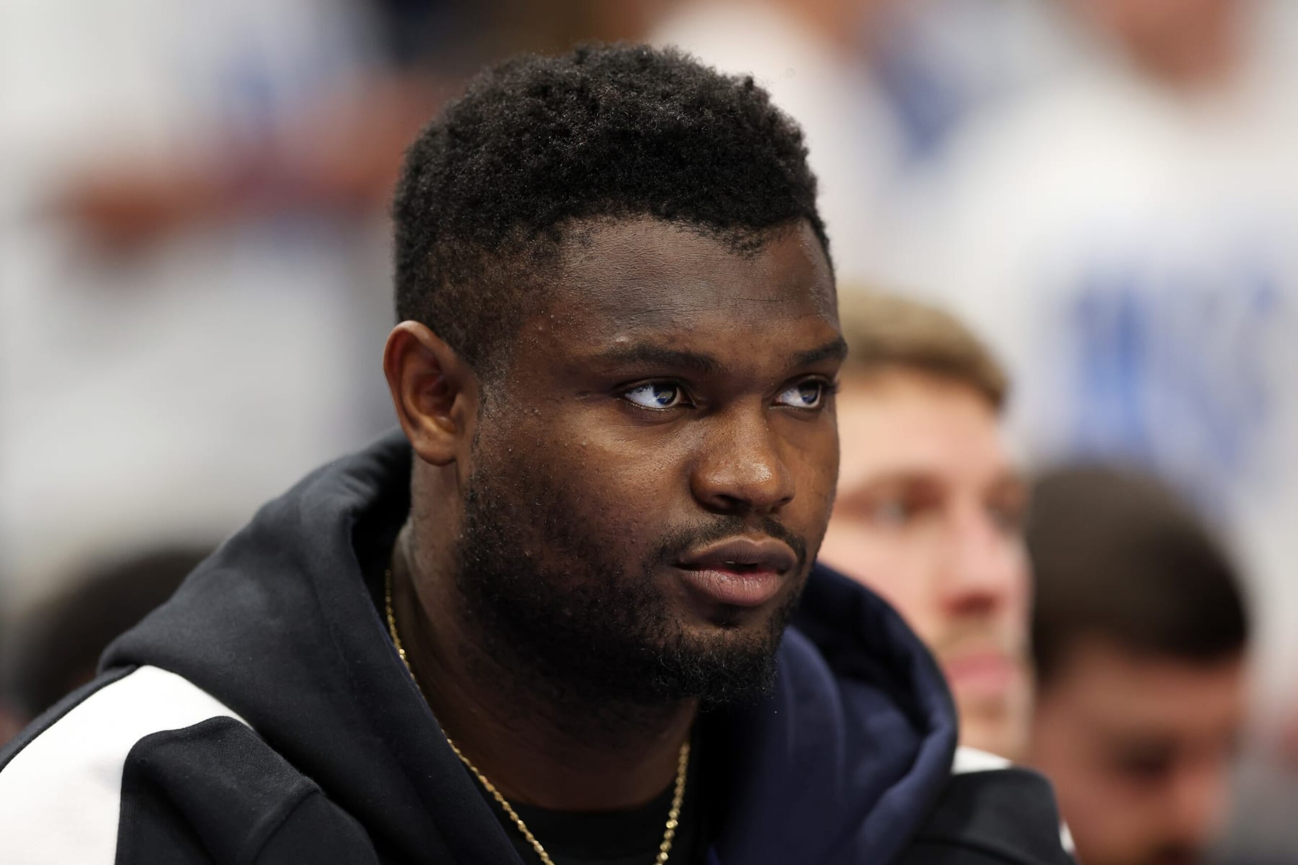 OKLAHOMA CITY, OKLAHOMA - APRIL 24:  Zion Williamson #1 of the New Orleans Pelicans watches from the bench during game two of the first round of the NBA playoffs against the Oklahoma City Thunder at Paycom Center on April 24, 2024 in Oklahoma City, Oklahoma. (Photo by Jamie Squire/Getty Images)