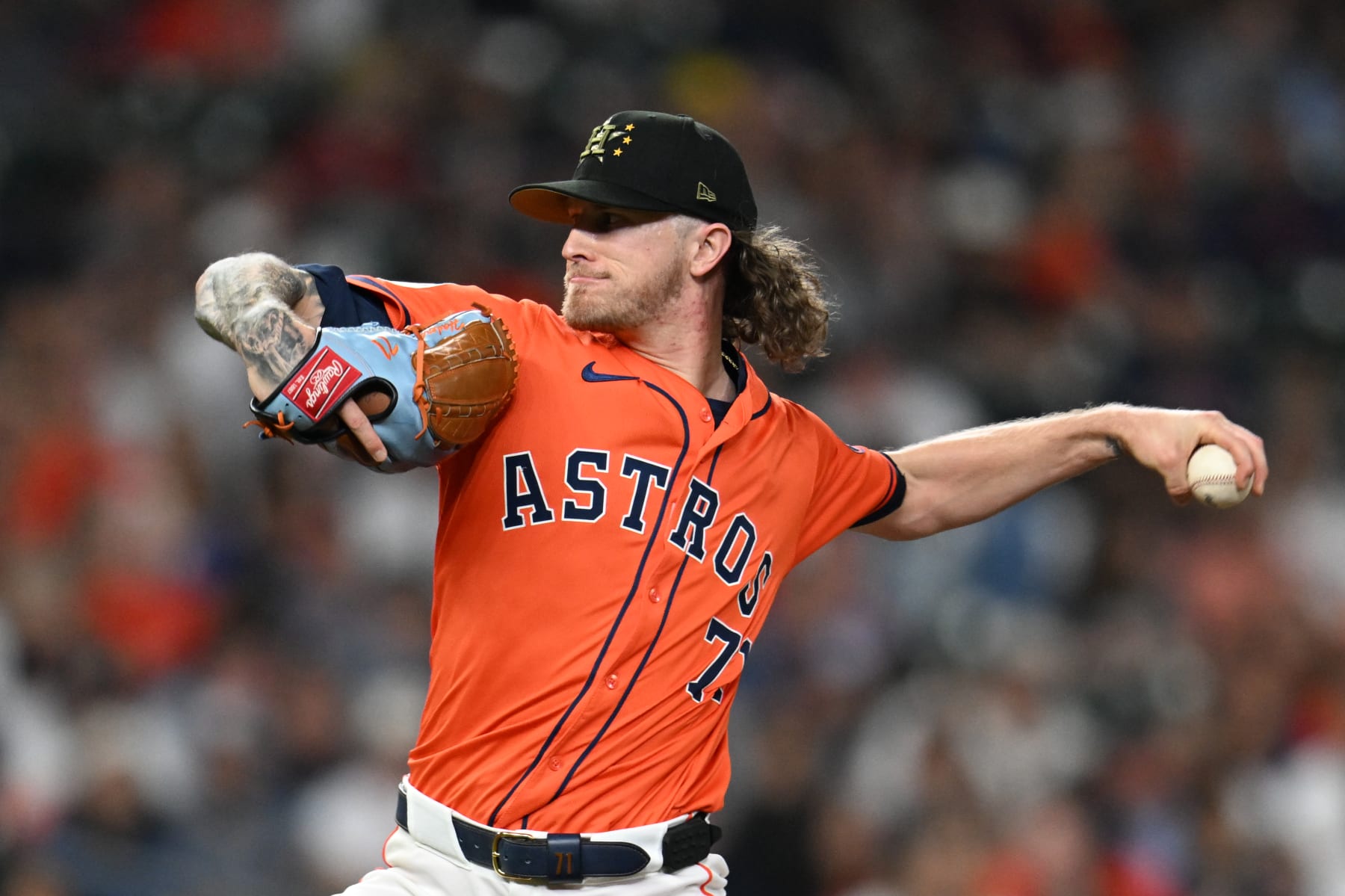 HOUSTON, TEXAS - MAY 17: Josh Hader #71 of the Houston Astros pitches against the Milwaukee Brewers at Minute Maid Park on May 17, 2024 in Houston, Texas. (Photo by Jack Gorman/Getty Images)