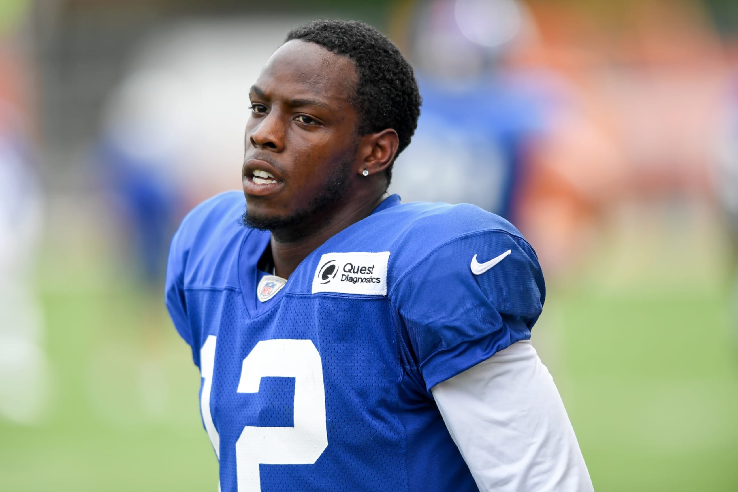 BEREA, OH - AUGUST 19: Wide receiver John Ross #12 of the New York Giants looks on during a joint practice with the Cleveland Browns on August 19, 2021 in Berea, Ohio. (Photo by Nick Cammett/Diamond Images via Getty Images)