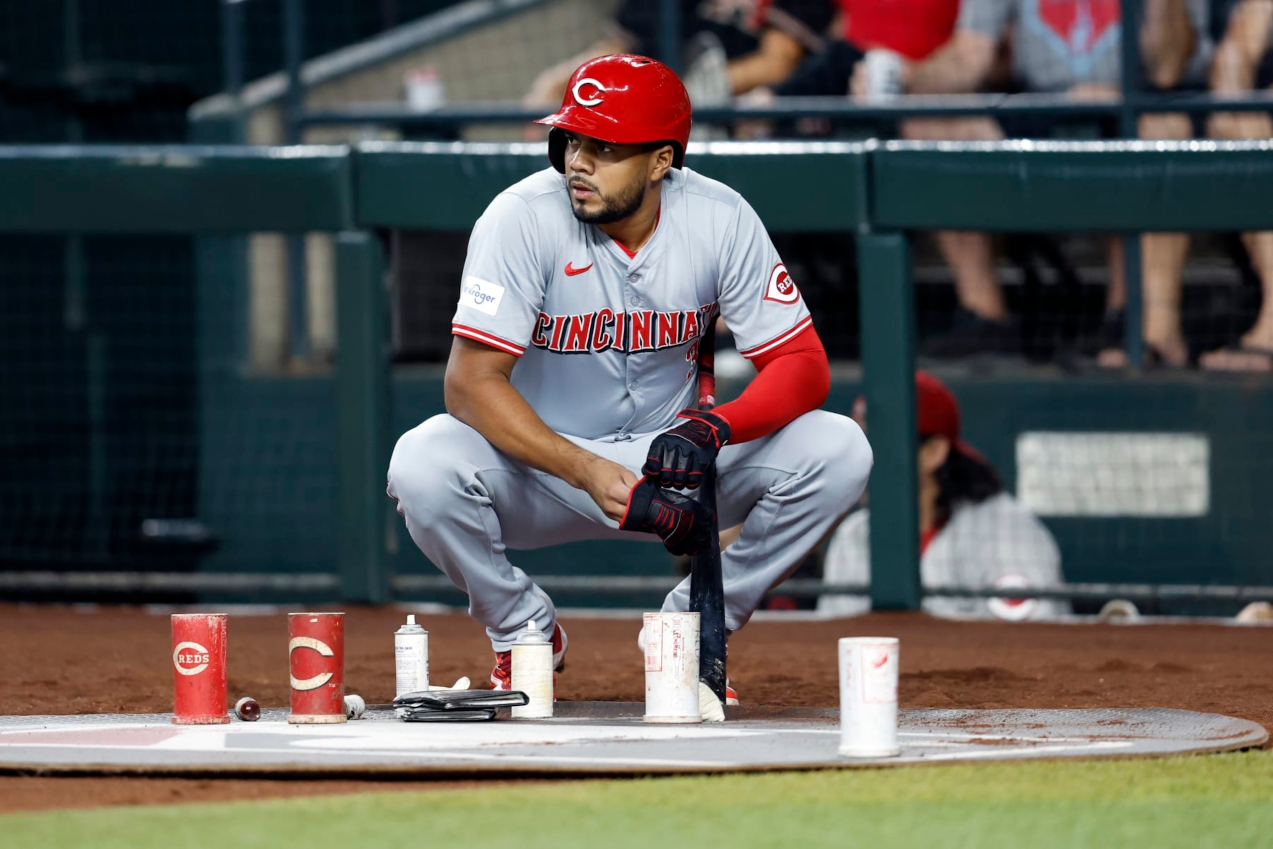 PHOENIX, ARIZONA - MAY 15: Jeimer Candelario #3 of the Cincinnati Reds looks on from the on deck circle during the game against the Arizona Diamondbacks at Chase Field on May 15, 2024 in Phoenix, Arizona. The Diamondbacks defeated the Reds 2-1. (Photo by Chris Coduto/Getty Images)