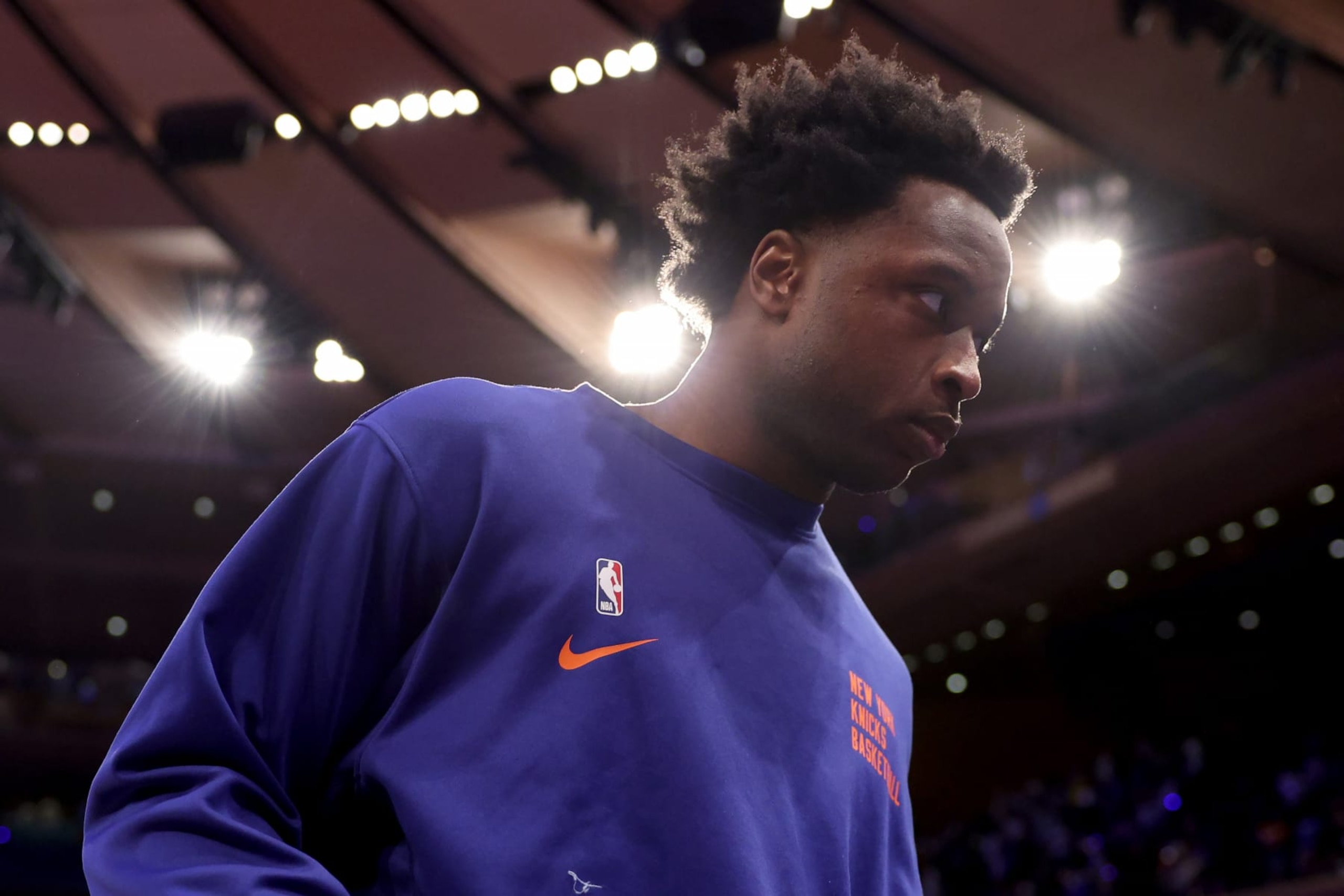 NEW YORK, NEW YORK - MAY 19: OG Anunoby #8 of the New York Knicks walks off the court after losing to the Indiana Pacers 130-109 in Game Seven of the Eastern Conference Second Round Playoffs at Madison Square Garden on May 19, 2024 in New York City. NOTE TO USER: User expressly acknowledges and agrees that, by downloading and or using this photograph, User is consenting to the terms and conditions of the Getty Images License Agreement. (Photo by Elsa/Getty Images)