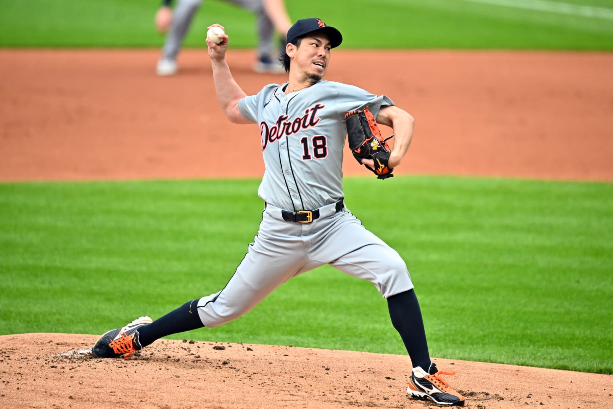 CLEVELAND, OHIO - MAY 07: Starting pitcher Kenta Maeda #18 of the Detroit Tigers pitches during the first inning against the Cleveland Guardians at Progressive Field on May 07, 2024 in Cleveland, Ohio. (Photo by Jason Miller/Getty Images)