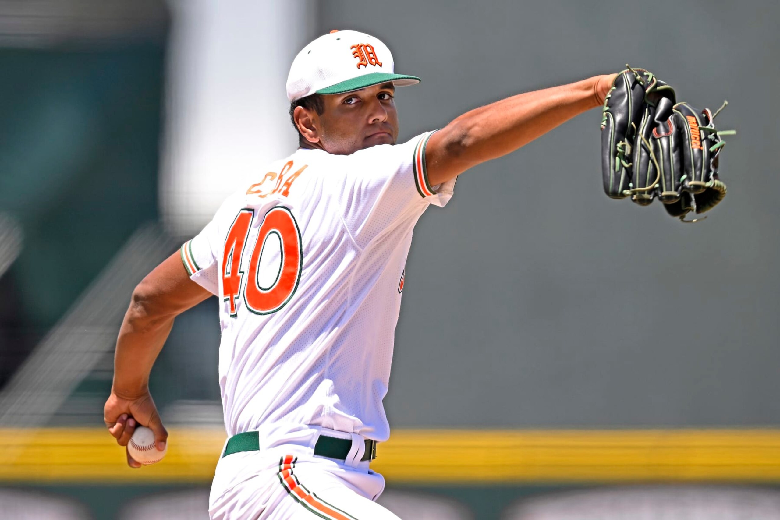 CORAL GABLES, FL - MAY 04: Miami left-handed pitcher Myles Caba (40) pitches in relief in the eighth inning as the Miami Hurricanes faced the BYU Cougars on May 4, 2024, at Mark Light Field at Alex Rodriguez Park in Coral Gables, Florida. (Photo by Samuel Lewis/Icon Sportswire via Getty Images) CORAL GABLES, FL - MAY 04: Miami left-handed pitcher Myles Caba (40) pitches in relief in the eighth inning as the Miami Hurricanes faced the BYU Cougars on May 4, 2024, at Mark Light Field at Alex Rodriguez Park in Coral Gables, Florida. (Photo by Samuel Lewis/Icon Sportswire via Getty Images)