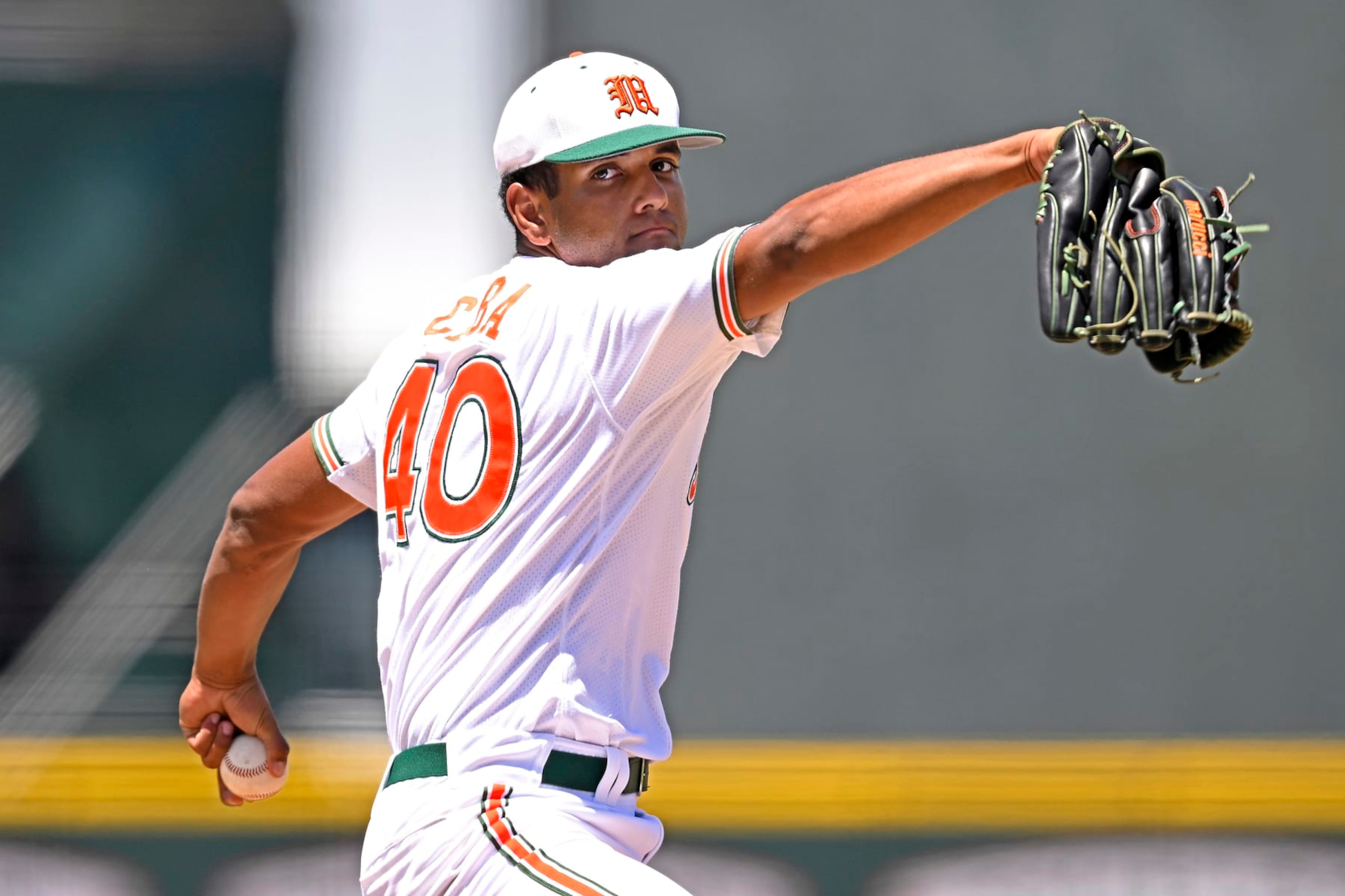 CORAL GABLES, FL - MAY 04: Miami left-handed pitcher Myles Caba (40) pitches in relief in the eighth inning as the Miami Hurricanes faced the BYU Cougars on May 4, 2024, at Mark Light Field at Alex Rodriguez Park in Coral Gables, Florida. (Photo by Samuel Lewis/Icon Sportswire via Getty Images)