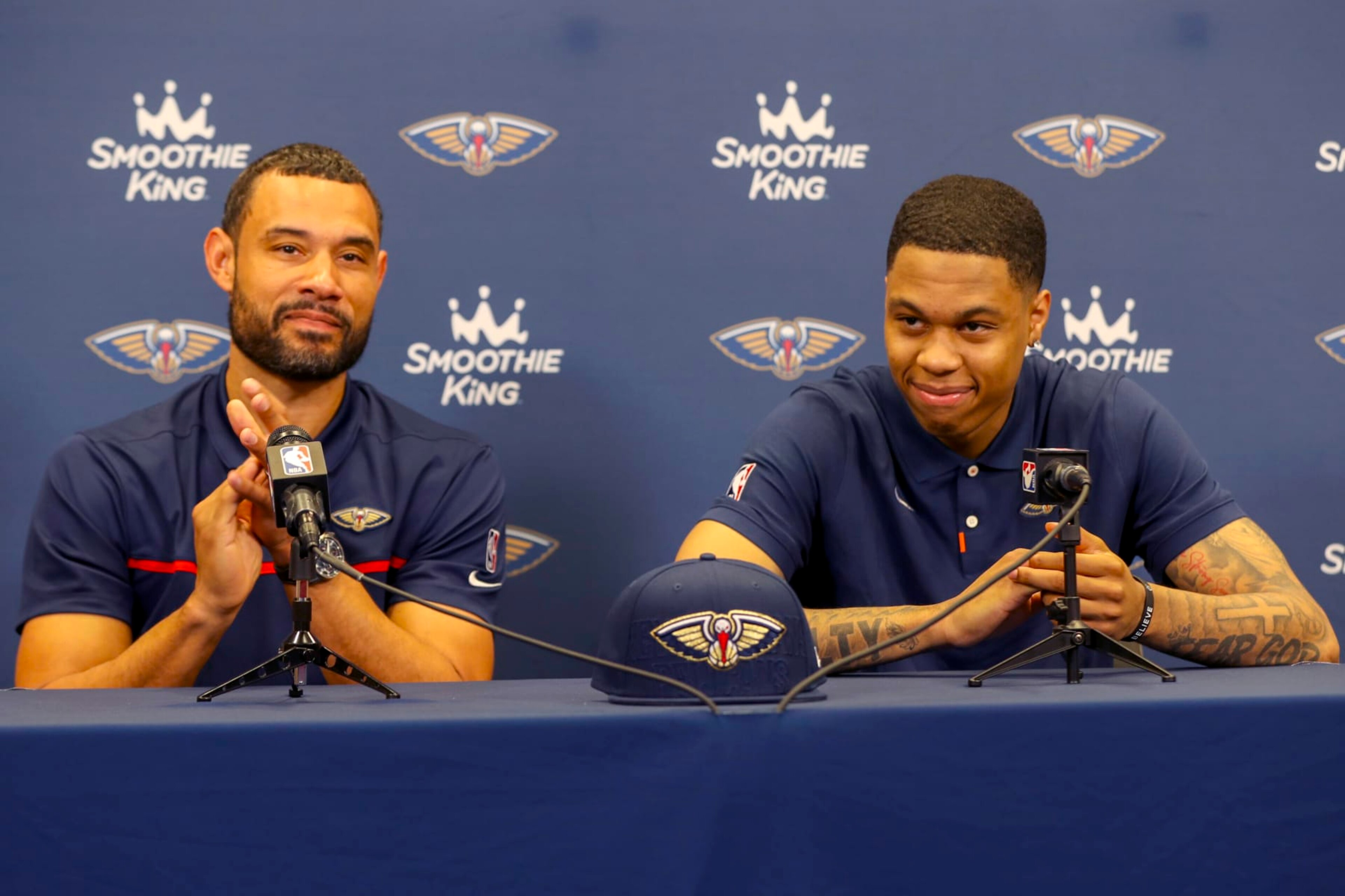 METAIRIE, LA - JUNE 27: Jordan Hawkins of the New Orleans Pelicans talks to the press on June 27, 2023 in Metairie, Louisiana. NOTE TO USER: User expressly acknowledges and agrees that by downloading and or using this Photograph, user is consenting to the terms and conditions of the Getty Images License Agreement. Mandatory Copyright Notice: Copyright 2020 NBAE (Photo by Layne Murdoch Jr./NBAE via Getty Images)