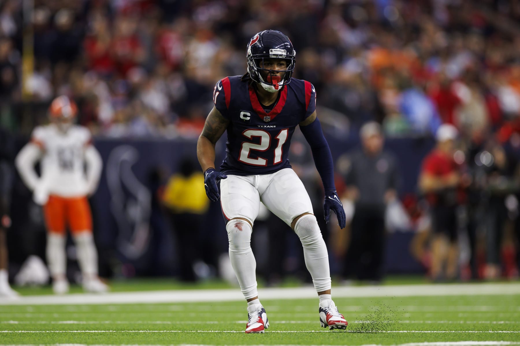 HOUSTON, TEXAS - JANUARY 13: Steven Nelson #21 of the Houston Texans defends in coverage during an AFC wild-card playoff football game against the Cleveland Browns at NRG Stadium on January 13, 2024 in Houston, Texas. (Photo by Ryan Kang/Getty Images)