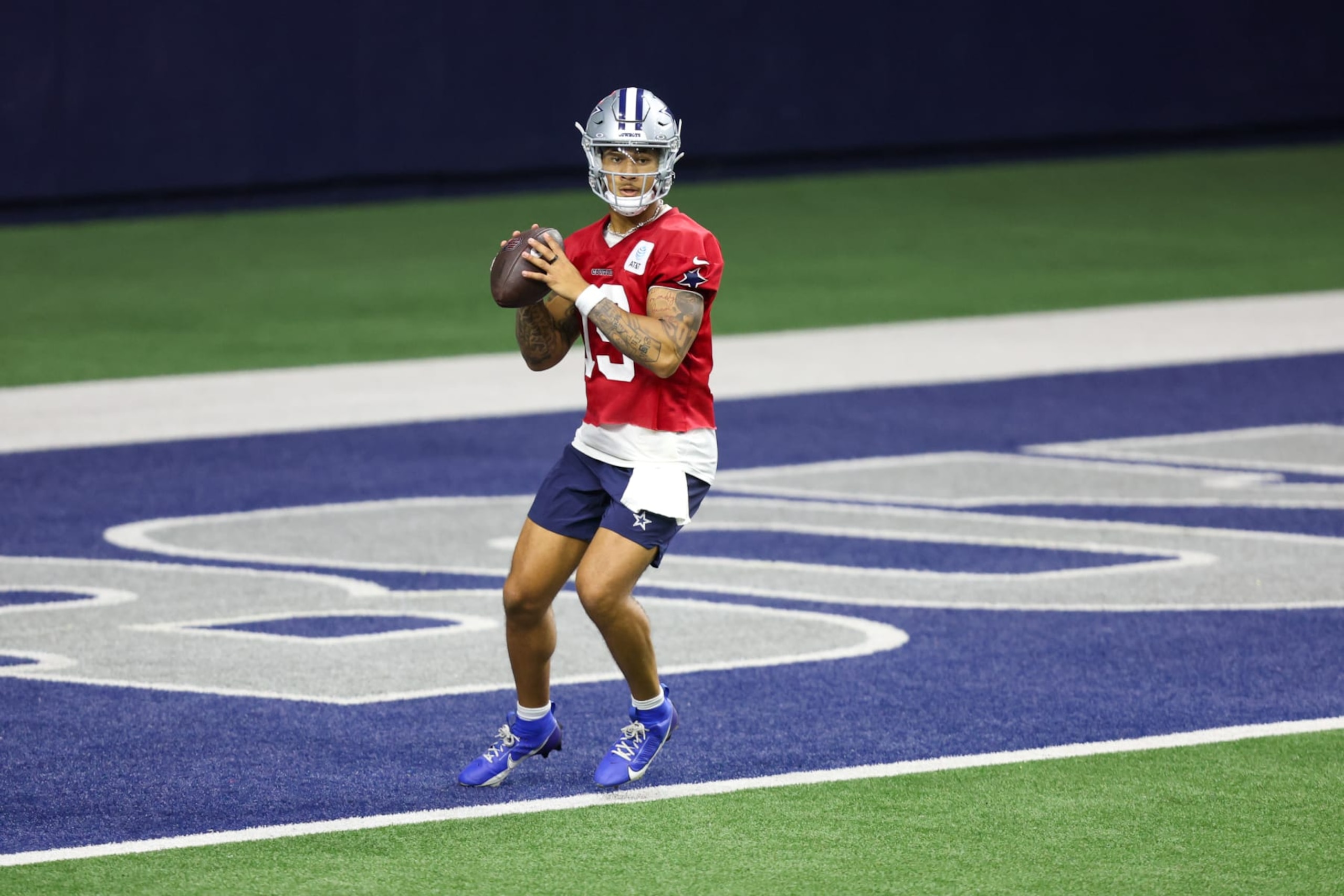 FRISCO, TX - MAY 22: Dallas Cowboys quarterback Trey Lance (19) passes during the Dallas Cowboys OTAs on May 22, 2024 at The Star in Frisco, TX. (Photo by George Walker/Icon Sportswire via Getty Images)