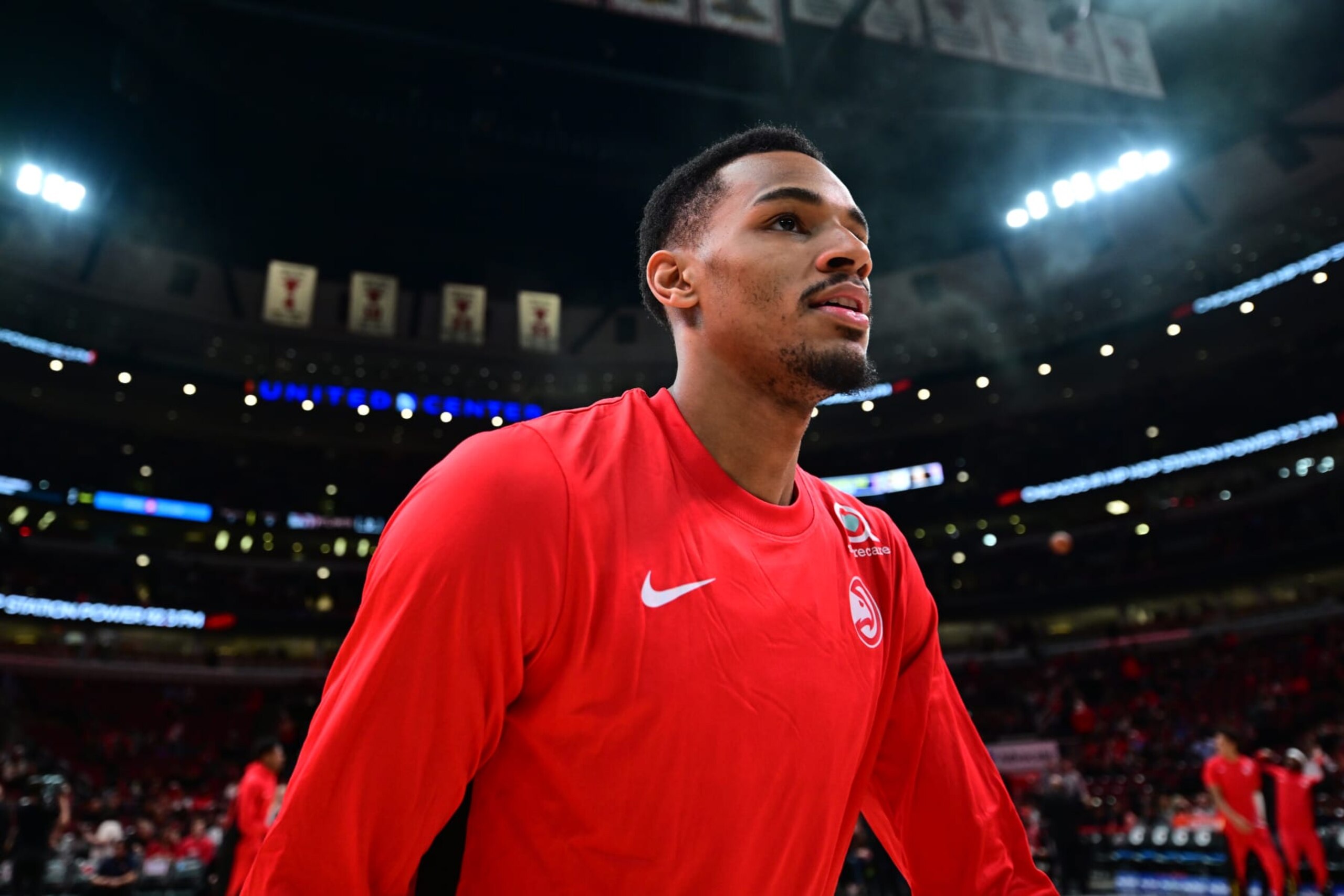 CHICAGO, IL - APRIL 1: Dejounte Murray #5 of the Atlanta Hawks looks on during the game against the Chicago Bulls on April 1, 2024 at United Center in Chicago, Illinois. NOTE TO USER: User expressly acknowledges and agrees that, by downloading and or using this photograph, User is consenting to the terms and conditions of the Getty Images License Agreement. Mandatory Copyright Notice: Copyright 2024 NBAE (Photo by Adam Hagy/NBAE via Getty Images)