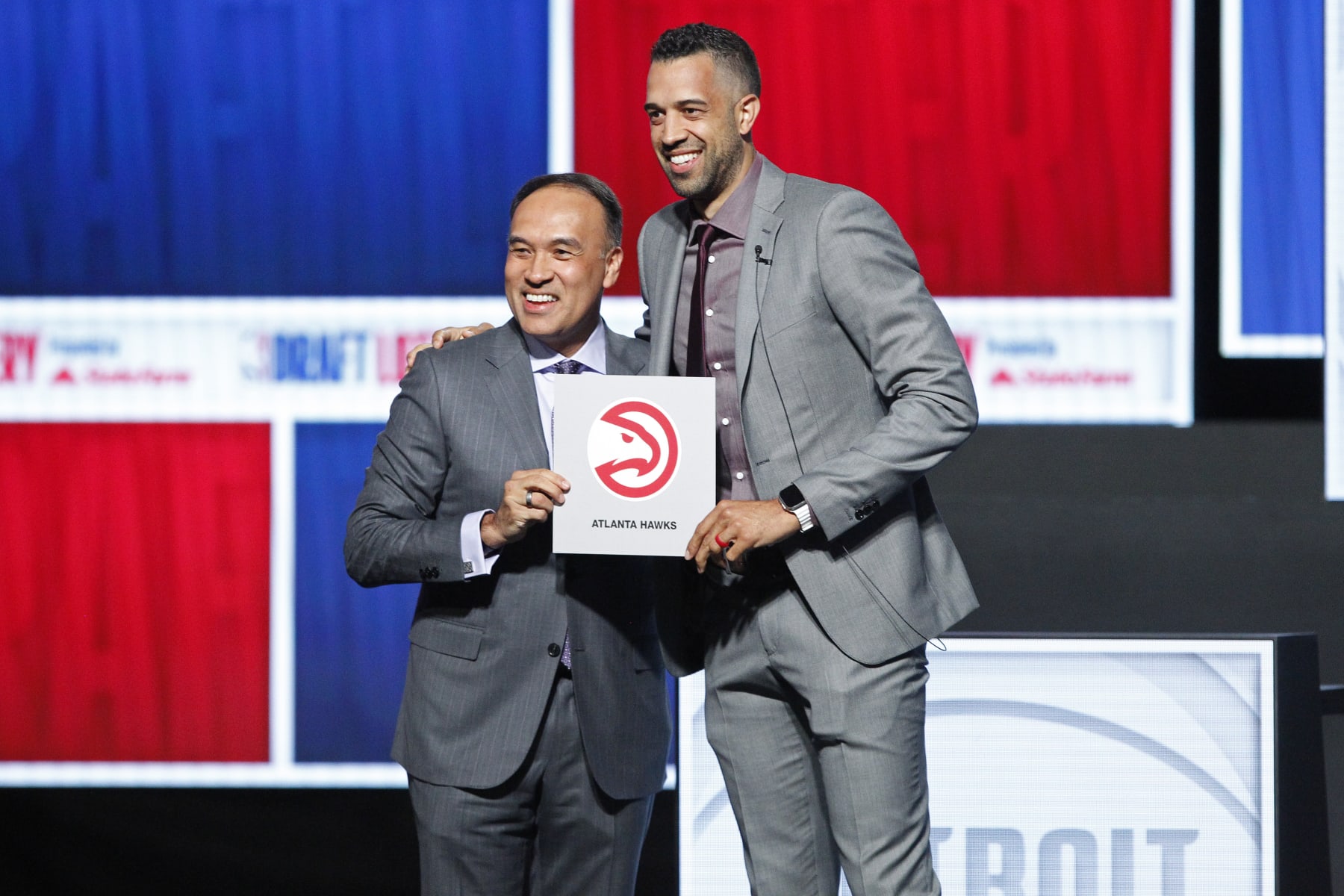 CHICAGO, IL -  MAY 12: Landry Fields of the Atlanta Hawks and Mark Tatum pose for a photo during the 2024 NBA Draft Lottery on May 12, 2024 at the McCormick Convention Center in Chicago, IL. NOTE TO USER: User expressly acknowledges and agrees that, by downloading and or using this photograph, User is consenting to the terms and conditions of the Getty Images License Agreement. Mandatory Copyright Notice: Copyright 2024 NBAE (Photo by Kena Krutsinger/NBAE via Getty Images)