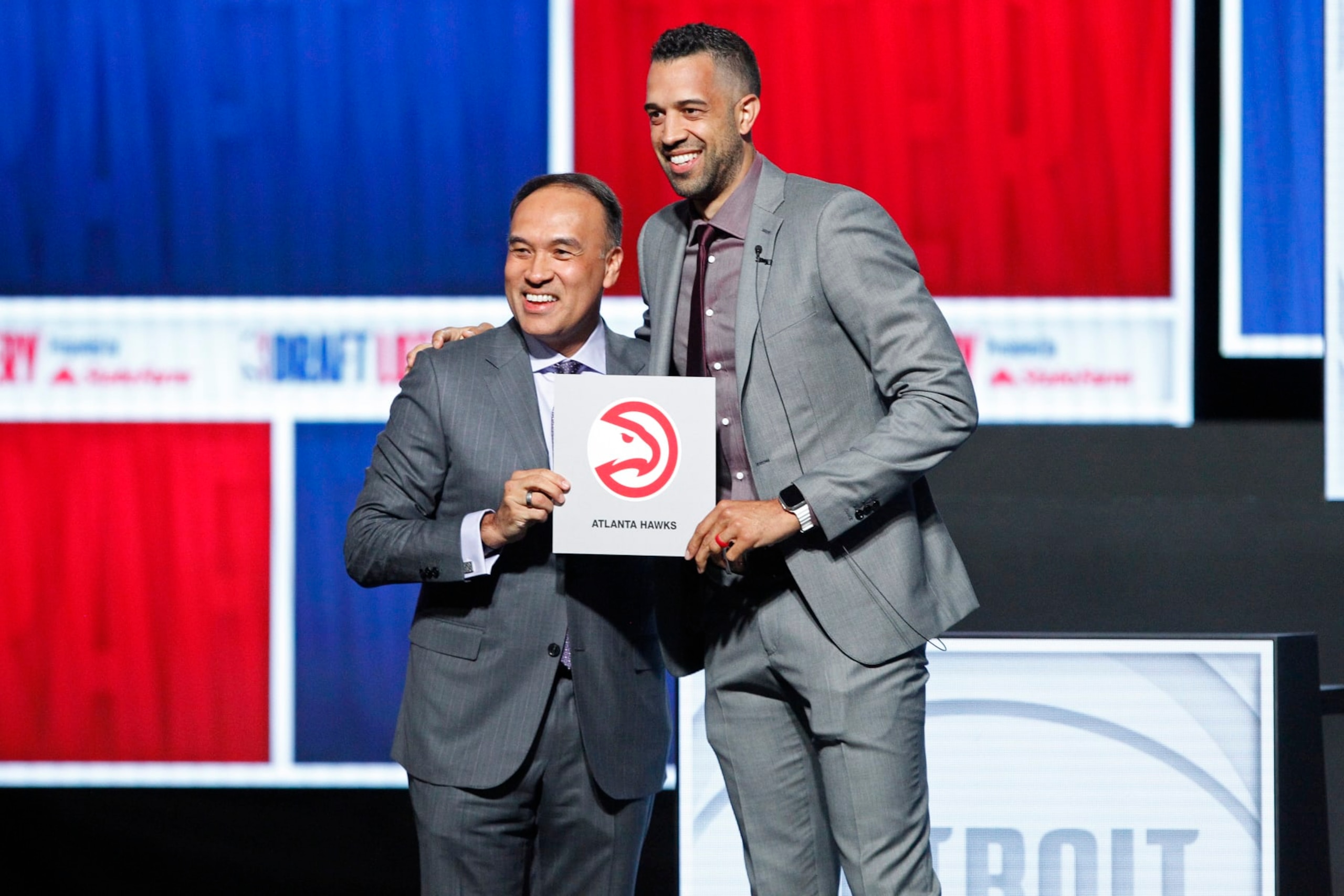 CHICAGO, IL - MAY 12: Landry Fields of the Atlanta Hawks and Mark Tatum pose for a photo during the 2024 NBA Draft Lottery on May 12, 2024 at the McCormick Convention Center in Chicago, IL. NOTE TO USER: User expressly acknowledges and agrees that, by downloading and or using this photograph, User is consenting to the terms and conditions of the Getty Images License Agreement. Mandatory Copyright Notice: Copyright 2024 NBAE (Photo by Kena Krutsinger/NBAE via Getty Images) CHICAGO, IL - MAY 12: Landry Fields of the Atlanta Hawks and Mark Tatum pose for a photo during the 2024 NBA Draft Lottery on May 12, 2024 at the McCormick Convention Center in Chicago, IL. NOTE TO USER: User expressly acknowledges and agrees that, by downloading and or using this photograph, User is consenting to the terms and conditions of the Getty Images License Agreement. Mandatory Copyright Notice: Copyright 2024 NBAE (Photo by Kena Krutsinger/NBAE via Getty Images)
