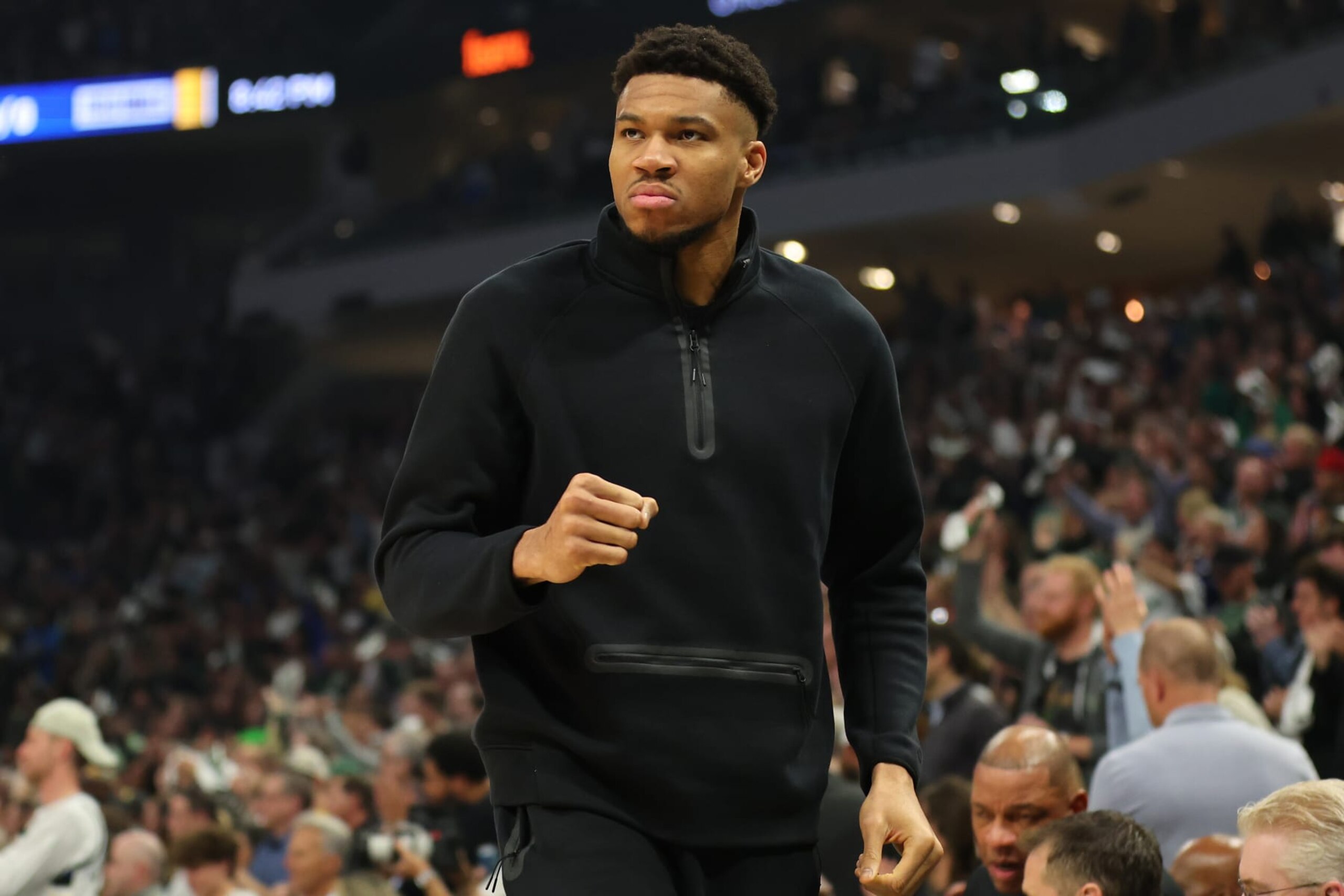 MILWAUKEE, WISCONSIN - APRIL 30:  Giannis Antetokounmpo #34 of the Milwaukee Bucks watches action during the first half of game five of the Eastern Conference First Round Playoffs against the Indiana Pacers at Fiserv Forum on April 30, 2024 in Milwaukee, Wisconsin.  NOTE TO USER: User expressly acknowledges and agrees that, by downloading and or using this photograph, User is consenting to the terms and conditions of the Getty Images License Agreement. (Photo by Stacy Revere/Getty Images)