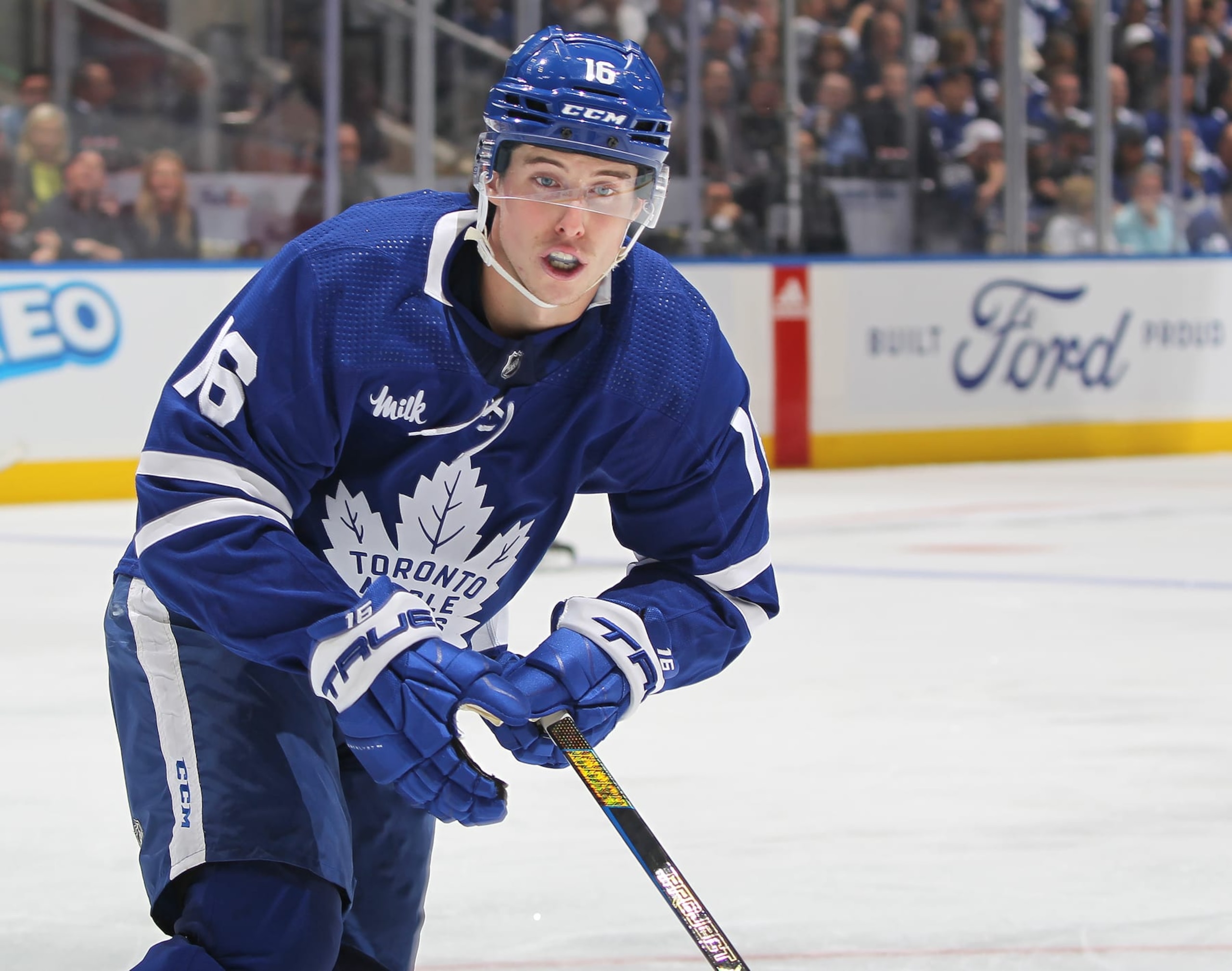 TORONTO, CANADA - APRIL 24:  Mitchell Marner #16 of the Toronto Maple Leafs skates against the Boston Bruins in Game Three of the First Round of the 2024 Stanley Cup Playoffs at Scotiabank Arena on April 24, 2024 in Toronto, Ontario, Canada. The Bruins defeated the Maple Leafs 4-2. (Photo by Claus Andersen/Getty Images)