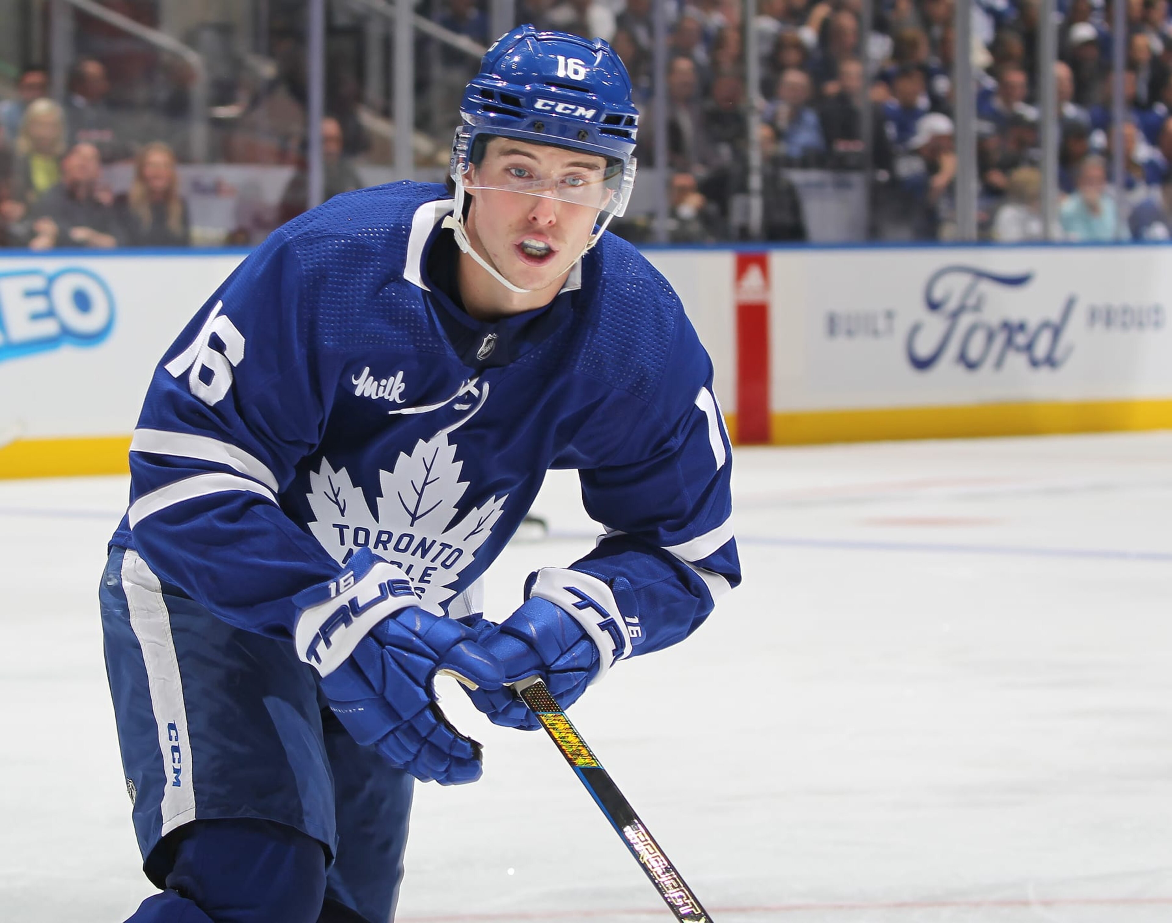 TORONTO, CANADA - APRIL 24:  Mitchell Marner #16 of the Toronto Maple Leafs skates against the Boston Bruins in Game Three of the First Round of the 2024 Stanley Cup Playoffs at Scotiabank Arena on April 24, 2024 in Toronto, Ontario, Canada. The Bruins defeated the Maple Leafs 4-2. (Photo by Claus Andersen/Getty Images)