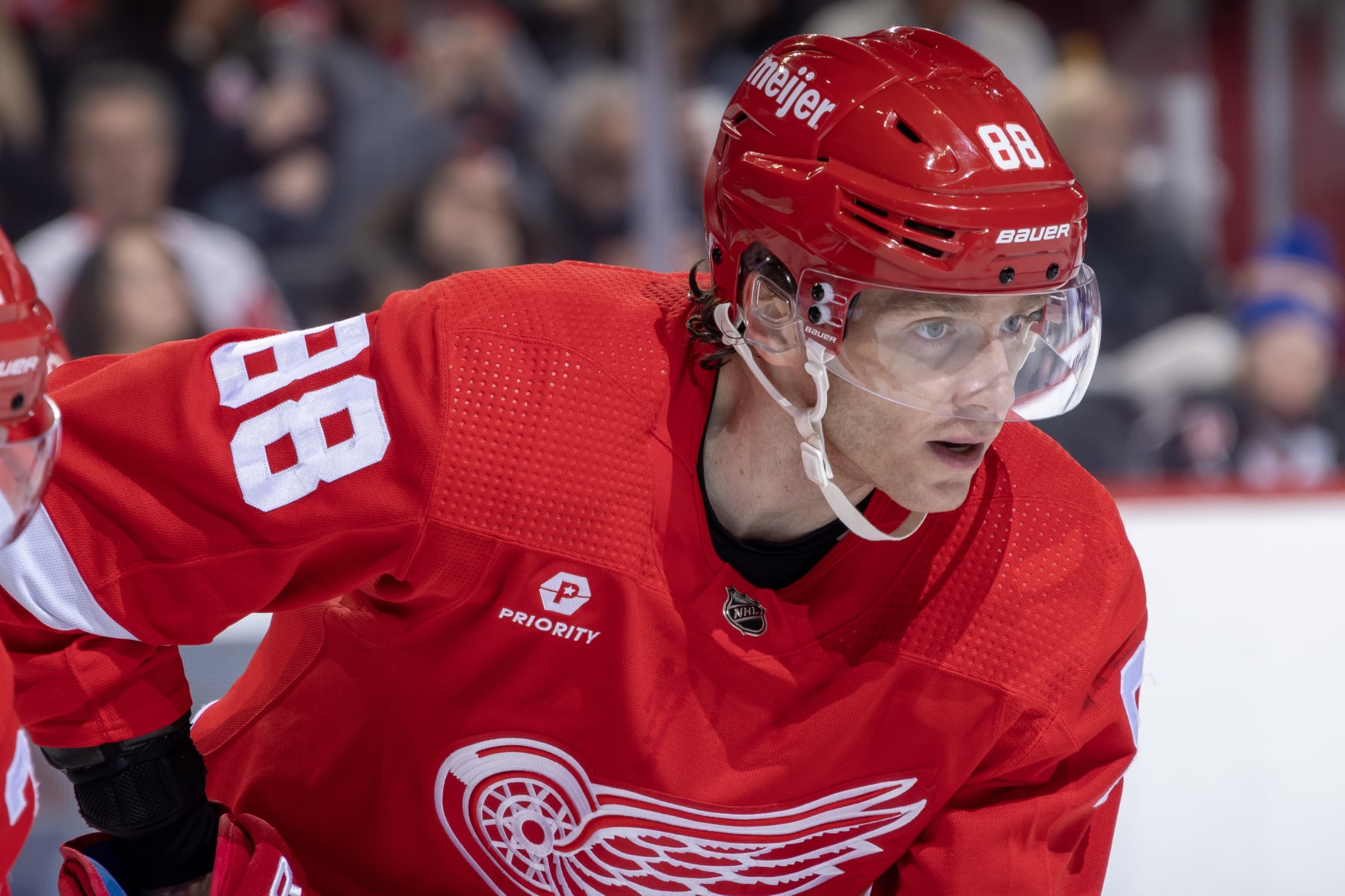 DETROIT, MI - APRIL 07: Patrick Kane #88 of the Detroit Red Wings gets set for the face-off against the Buffalo Sabres during the second period at Little Caesars Arena on April 7, 2024 in Detroit, Michigan. Detroit defeated Buffalo 3-1. (Photo by Dave Reginek/NHLI via Getty Images)