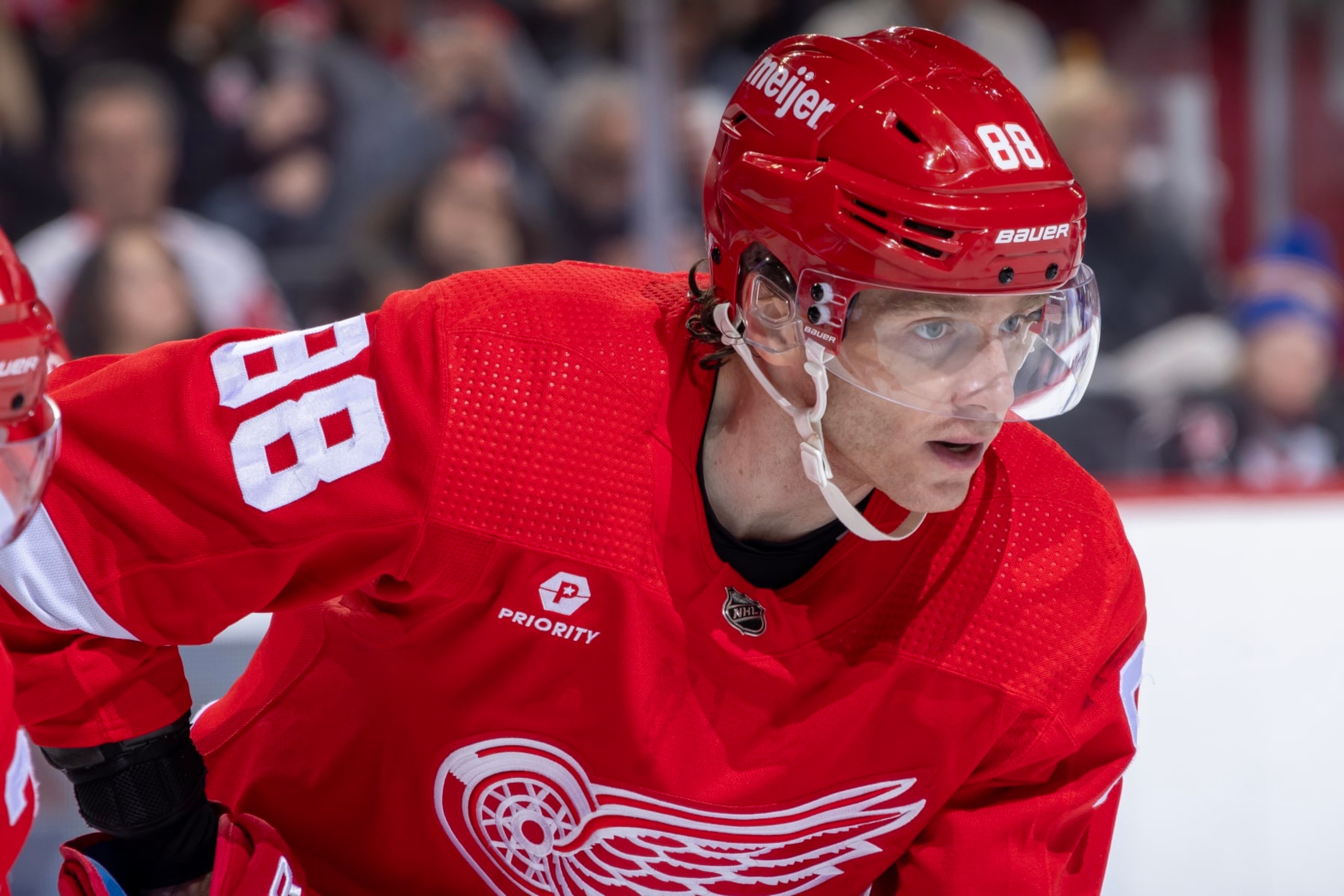 DETROIT, MI - APRIL 07: Patrick Kane #88 of the Detroit Red Wings gets set for the face-off against the Buffalo Sabres during the second period at Little Caesars Arena on April 7, 2024 in Detroit, Michigan. Detroit defeated Buffalo 3-1. (Photo by Dave Reginek/NHLI via Getty Images)