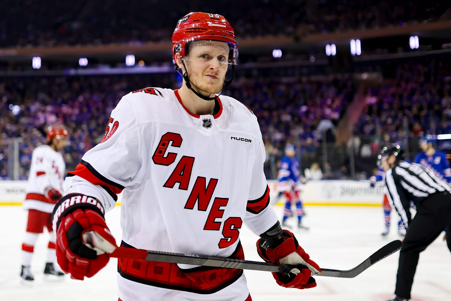 NEW YORK, NY - MAY 05: Carolina Hurricanes Center Jake Guentzel (59) is pictured during the first period of the National Hockey League Stanley Cup Playoffs Eastern Conference Second Round game between the Carolina Hurricanes and the New York Rangers on May 5, 2024 at Madison Square Garden in New York, NY. (Photo by Joshua Sarner/Icon Sportswire via Getty Images)