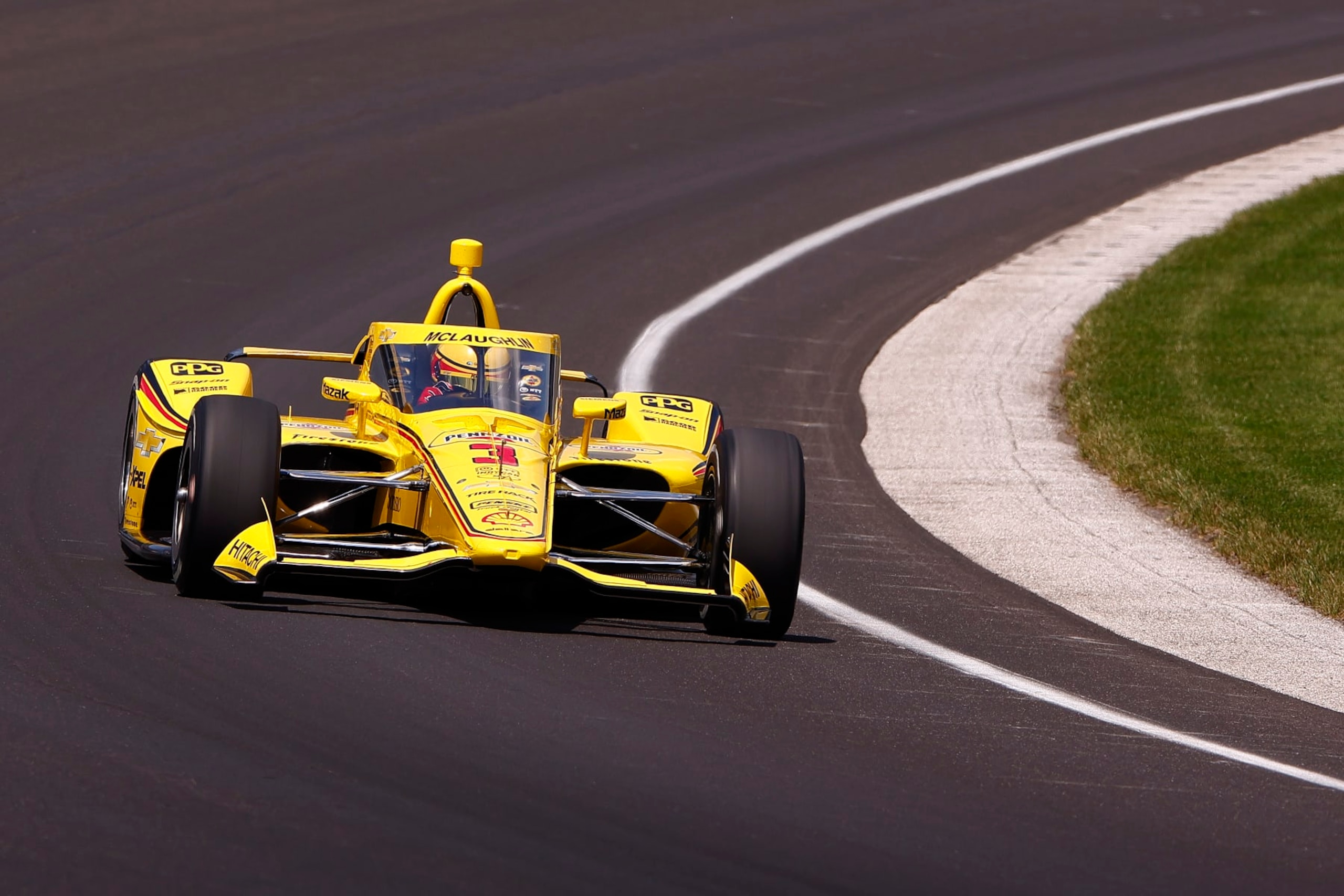 INDIANAPOLIS, IN - MAY 19: Scott Mclaughlin of New Zealand (3) driving for Team Penske exits turn one during the practice session for the fast twelve prior to qualifications for the NTT IndyCar Series Indianapolis 500 Qualifying on May 19 2024 at the Indianapolis Motor Speedway in Indianapolis, IN. (Photo by Jeffrey Brown/Icon Sportswire via Getty Images) INDIANAPOLIS, IN - MAY 19: Scott Mclaughlin of New Zealand (3) driving for Team Penske exits turn one during the practice session for the fast twelve prior to qualifications for the NTT IndyCar Series Indianapolis 500 Qualifying on May 19 2024 at the Indianapolis Motor Speedway in Indianapolis, IN. (Photo by Jeffrey Brown/Icon Sportswire via Getty Images)