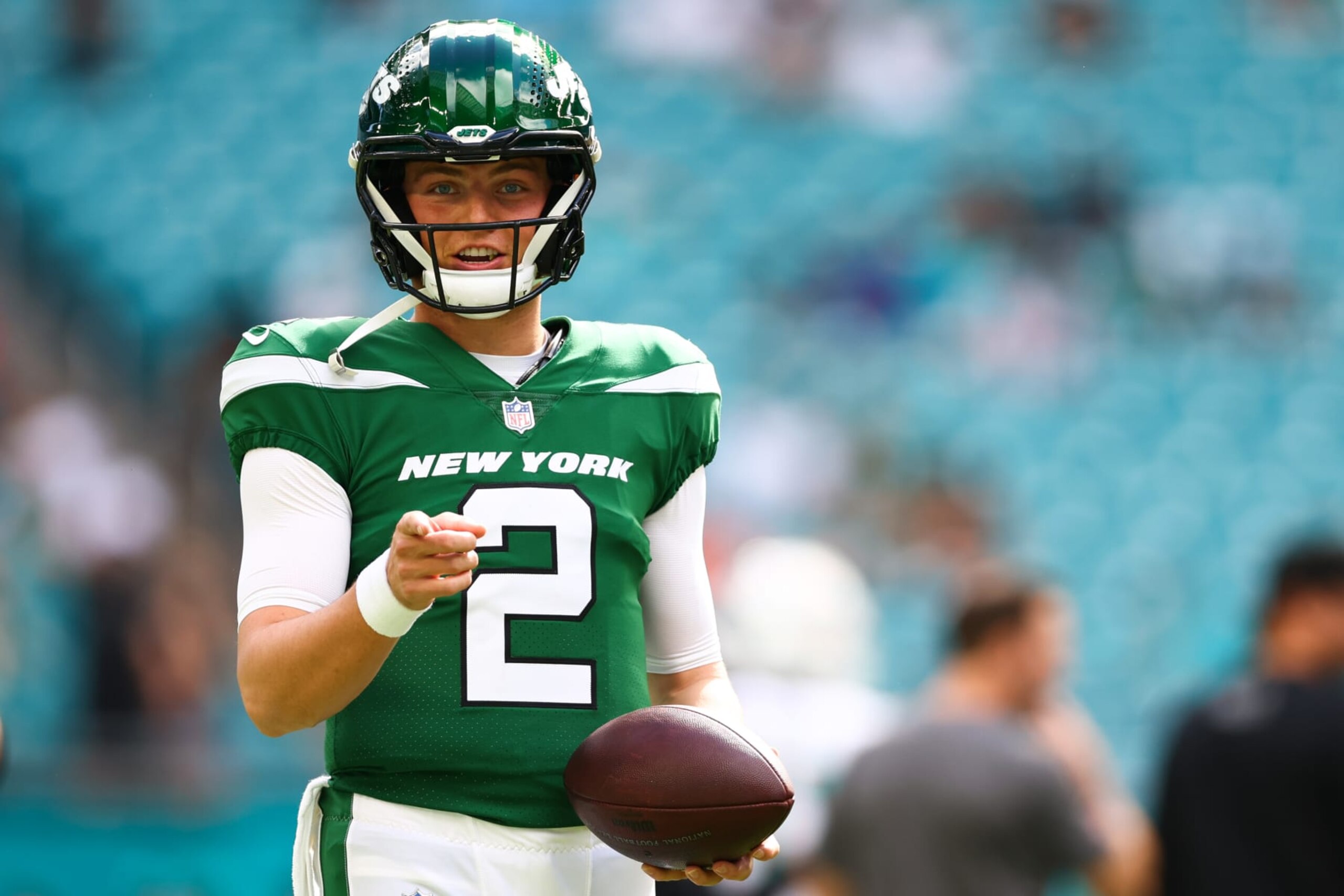 MIAMI GARDENS, FLORIDA - DECEMBER 17: Zach Wilson #2 of the New York Jets looks on prior to a game against the Miami Dolphins at Hard Rock Stadium on December 17, 2023 in Miami Gardens, Florida. (Photo by Megan Briggs/Getty Images)