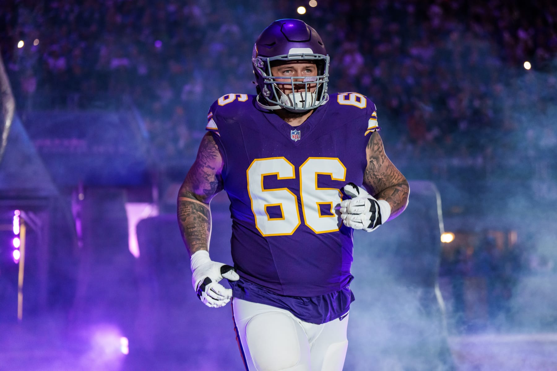 MINNEAPOLIS, MN - NOVEMBER 27:  Guard Dalton Risner #66 of the Minnesota Vikings enters the field prior to an NFL football game against the Chicago Bears at US Bank Stadium on November 27, 2023 in Minneapolis, Minnesota. The Bears beat the Vikings 12-10. (Photo by Todd Rosenberg/Getty Images)