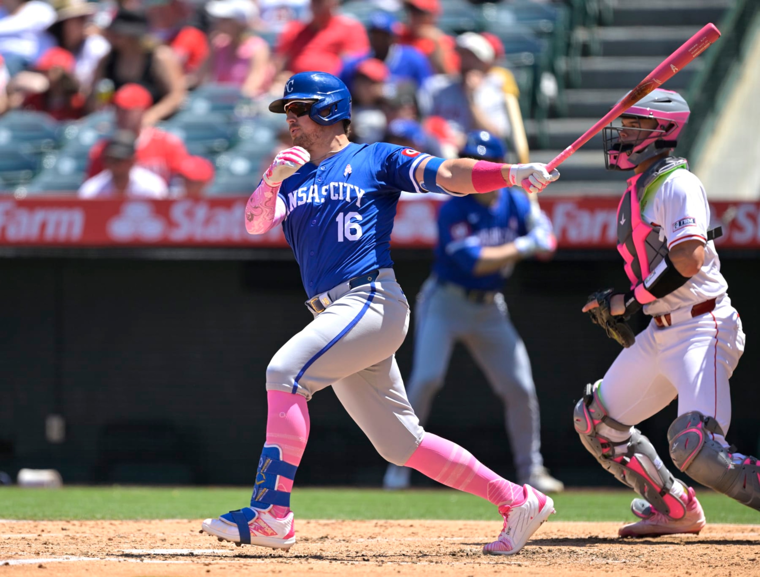 ANAHEIM, CALIFORNIA - MAY 12: Hunter Renfroe #16 of the Kansas City Royals at bat against the Los Angeles Angels at Angel Stadium of Anaheim on May 12, 2024 in Anaheim, California. (Photo by Jayne Kamin-Oncea/Getty Images)