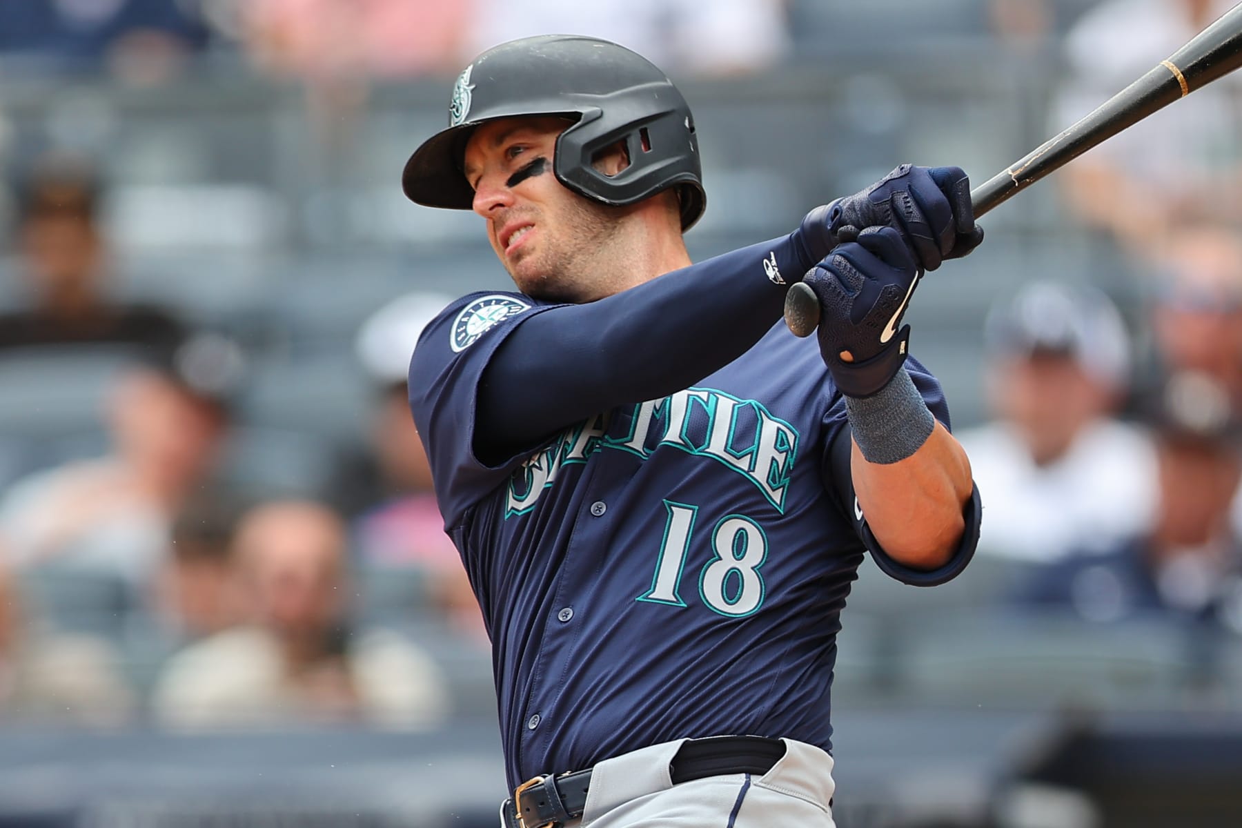 BRONX, NY - MAY 23: Mitch Garver #18 of the Seattle Mariners at bat during the game against the New York Yankees on May 23, 2024 at Yankee Stadium, Bronx, New York. (Photo by Rich Graessle/Icon Sportswire via Getty Images)