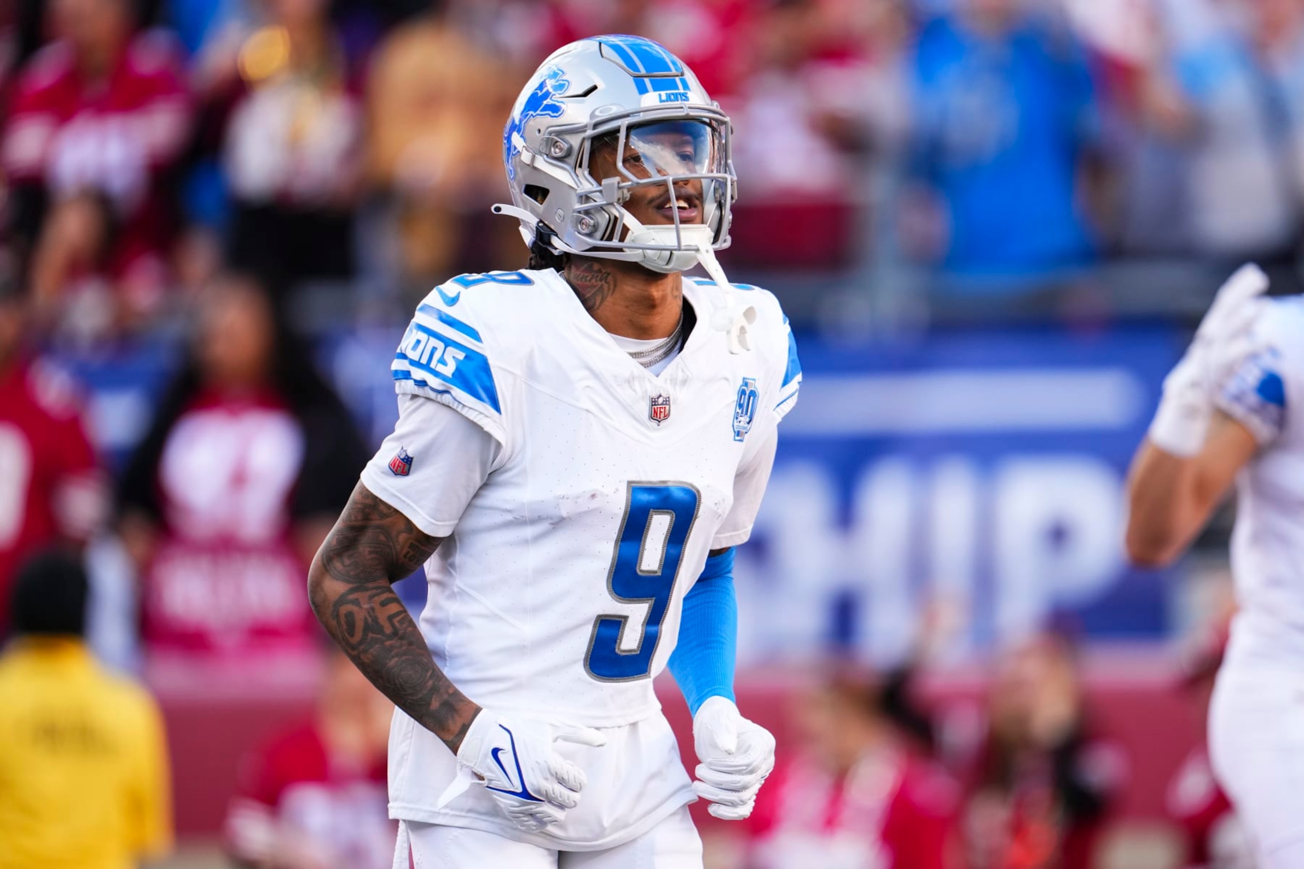 SANTA CLARA, CA - JANUARY 28: Jameson Williams #9 of the Detroit Lions runs out of the tunnel prior to the NFC Championship NFL football game against the San Francisco 49ers at Levi's Stadium on January 28, 2024 in Santa Clara, California. (Photo by Cooper Neill/Getty Images)