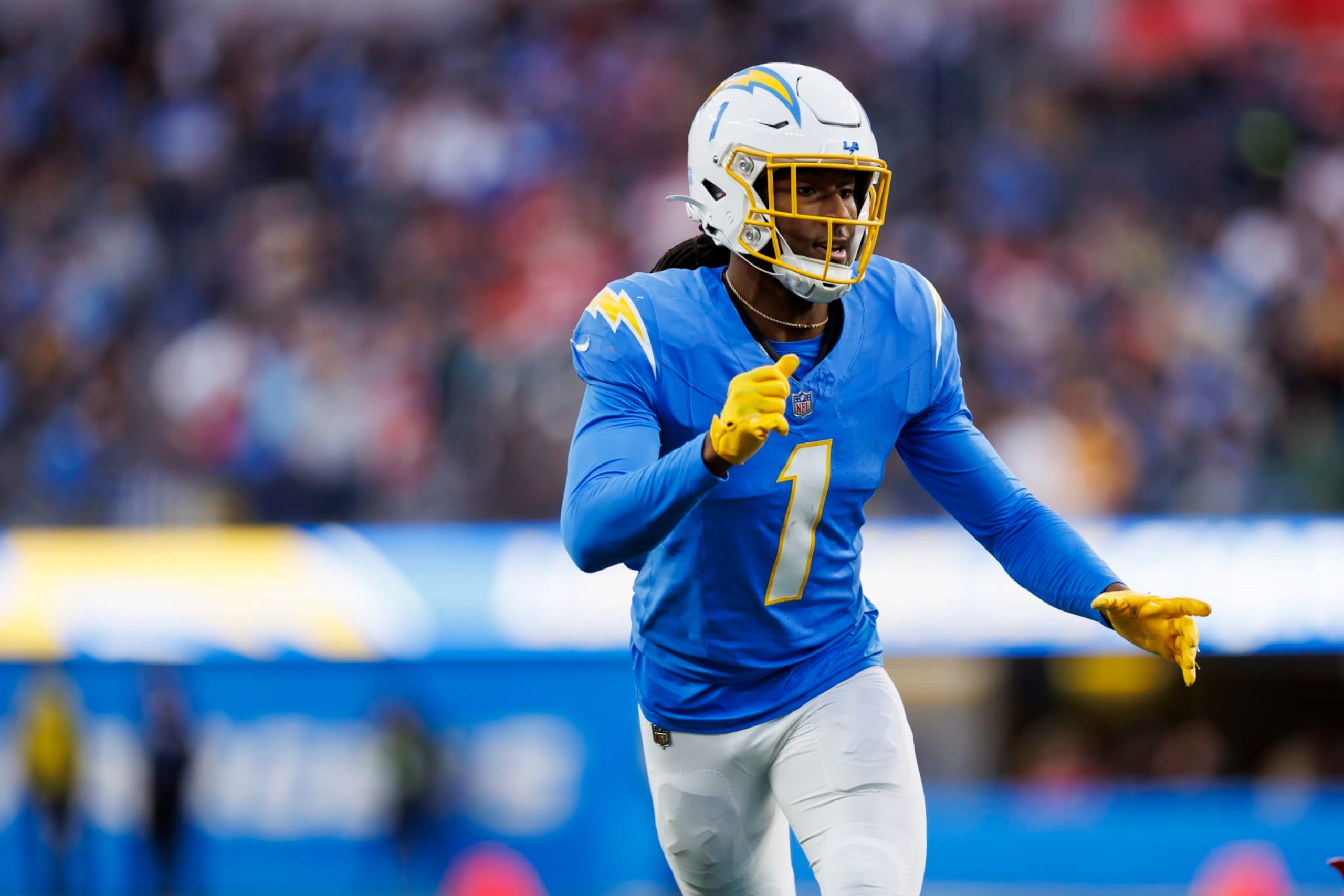INGLEWOOD, CALIFORNIA - JANUARY 07: Quentin Johnston #1 of the Los Angeles Chargers  runs a route during an NFL football game against the Kansas City Chiefs at SoFi Stadium on January 7, 2024 in Inglewood, California. (Photo by Ryan Kang/Getty Images)