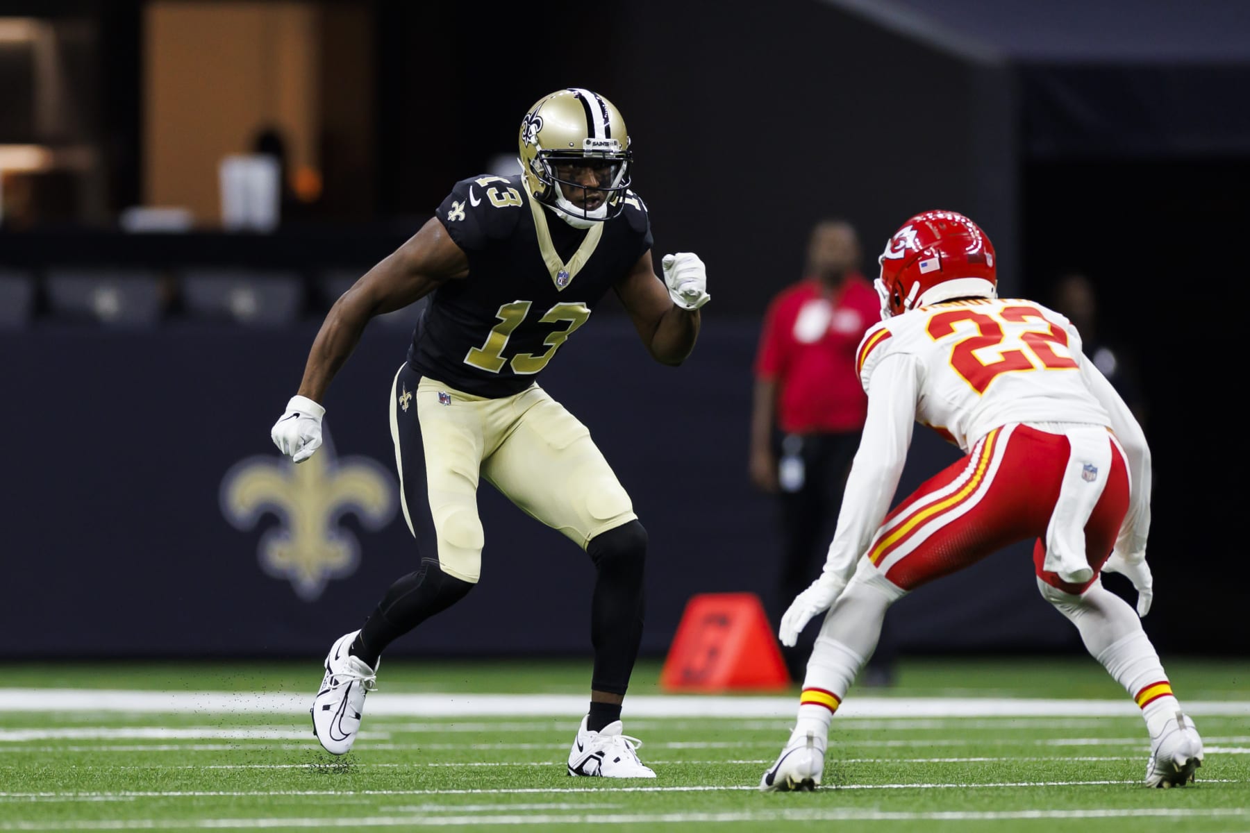NEW ORLEANS, LOUISIANA - AUGUST 13: Michael Thomas #13 of the New Orleans Saints runs a route during an NFL preseason football game against the Kansas City Chiefs at Caesars Superdome on August 13, 2023 in New Orleans, Louisiana. (Photo by Ryan Kang/Getty Images)