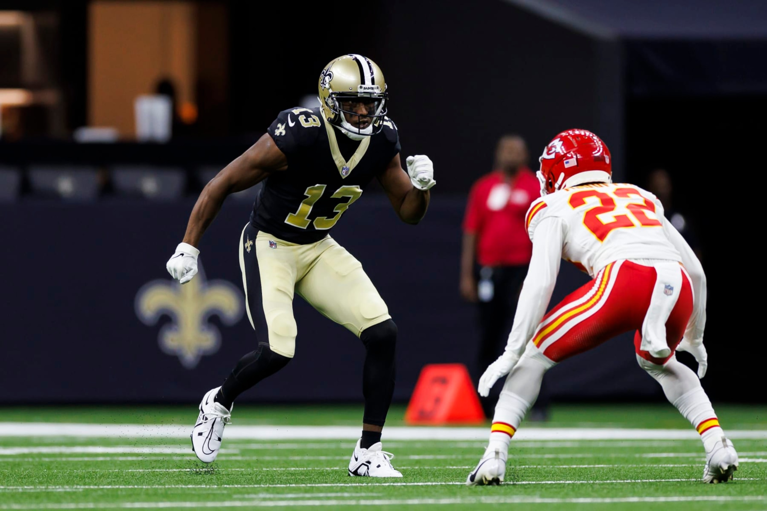 NEW ORLEANS, LOUISIANA - AUGUST 13: Michael Thomas #13 of the New Orleans Saints runs a route during an NFL preseason football game against the Kansas City Chiefs at Caesars Superdome on August 13, 2023 in New Orleans, Louisiana. (Photo by Ryan Kang/Getty Images)