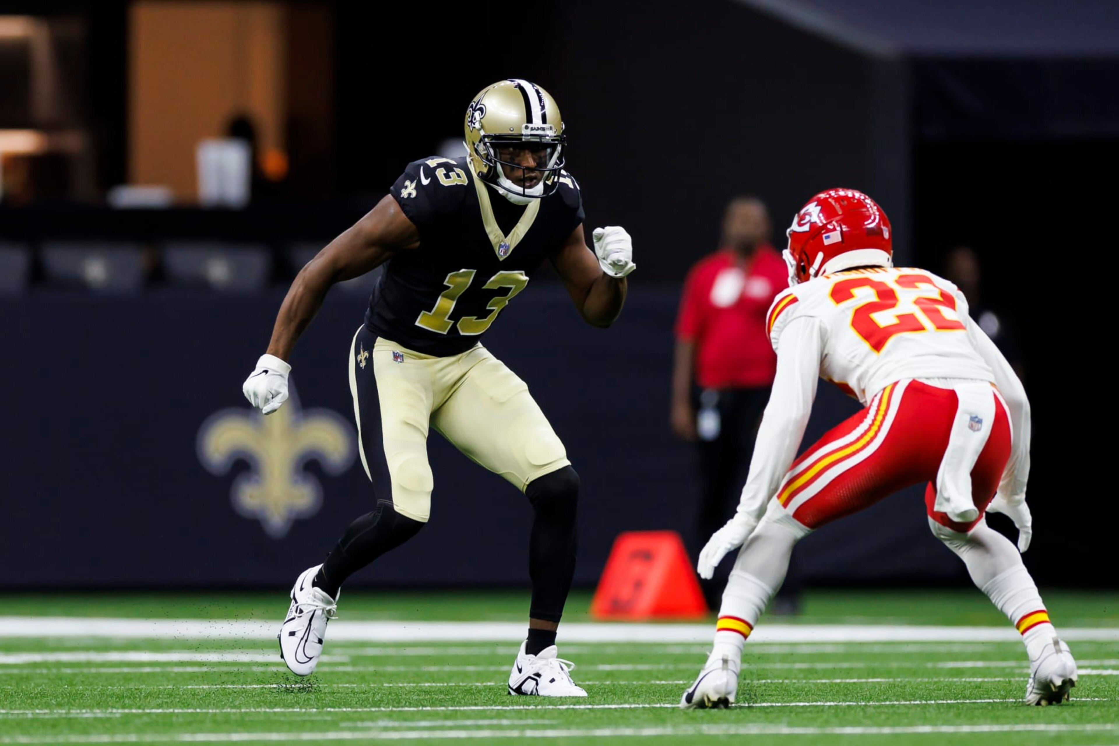NEW ORLEANS, LOUISIANA - AUGUST 13: Michael Thomas #13 of the New Orleans Saints runs a route during an NFL preseason football game against the Kansas City Chiefs at Caesars Superdome on August 13, 2023 in New Orleans, Louisiana. (Photo by Ryan Kang/Getty Images) NEW ORLEANS, LOUISIANA - AUGUST 13: Michael Thomas #13 of the New Orleans Saints runs a route during an NFL preseason football game against the Kansas City Chiefs at Caesars Superdome on August 13, 2023 in New Orleans, Louisiana. (Photo by Ryan Kang/Getty Images)